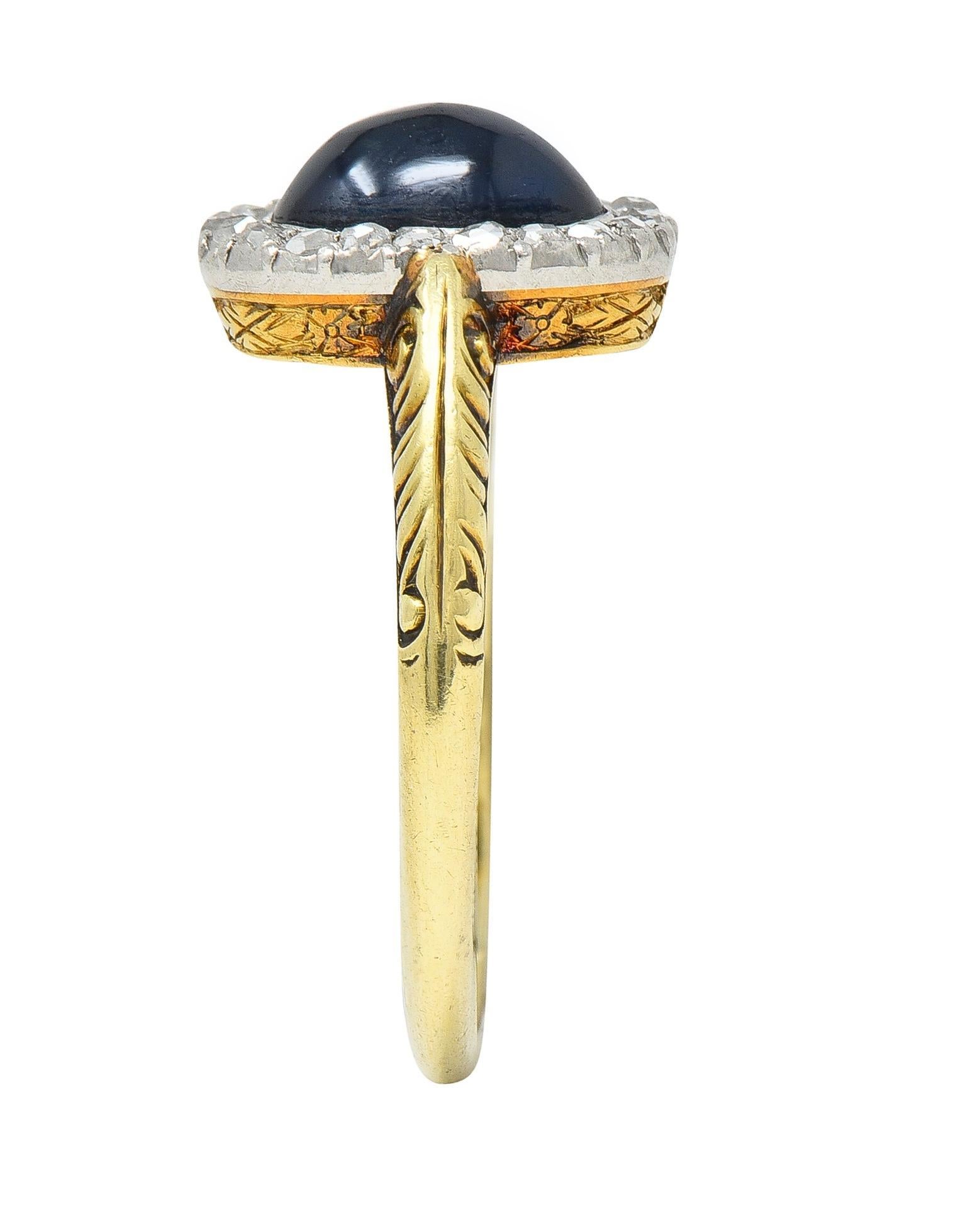 Edwardian 2.42 CTW Sapphire Cabochon Diamond Platinum 14 Karat Gold Halo Ring For Sale 9