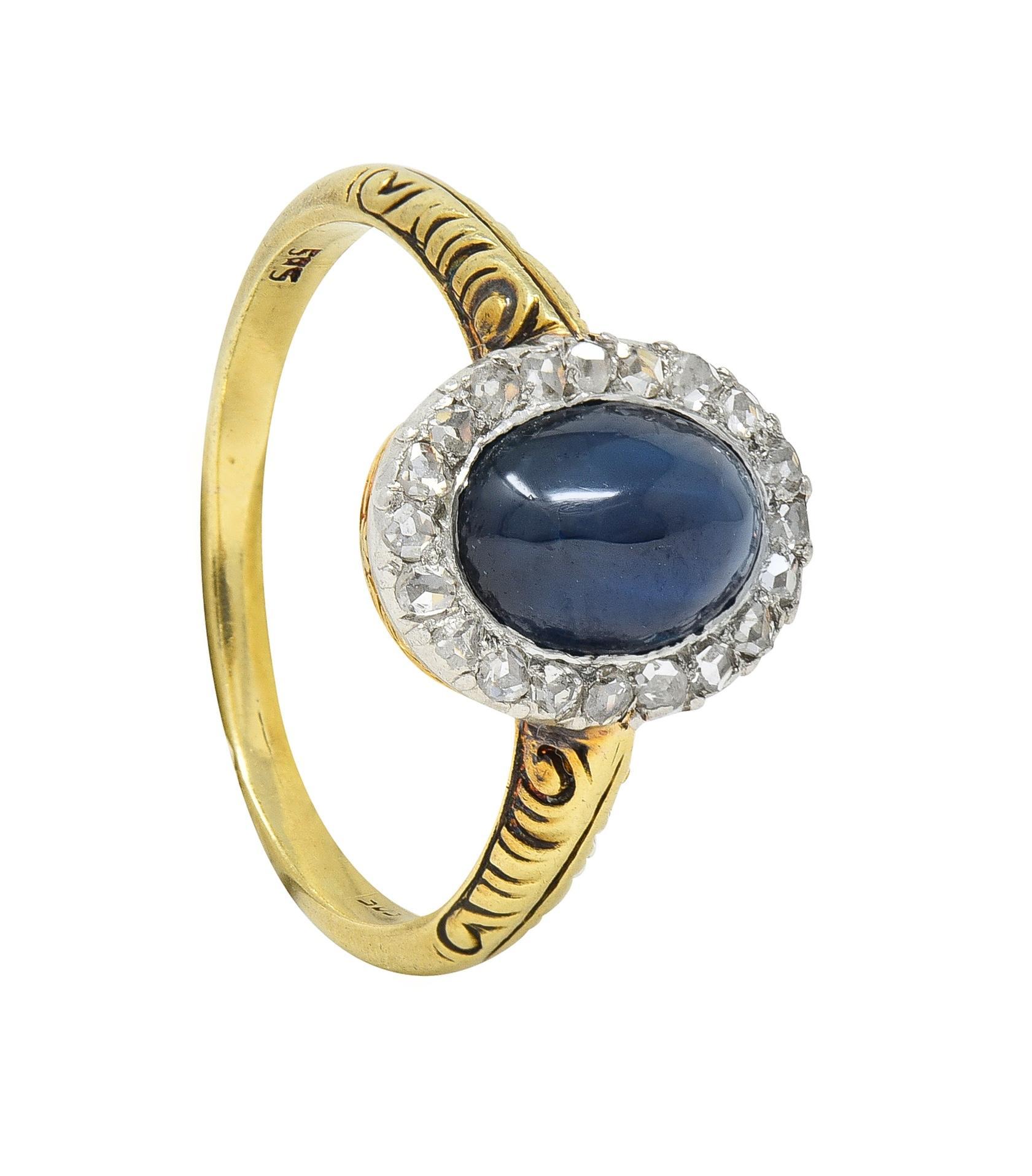 Edwardian 2.42 CTW Sapphire Cabochon Diamond Platinum 14 Karat Gold Halo Ring For Sale 10