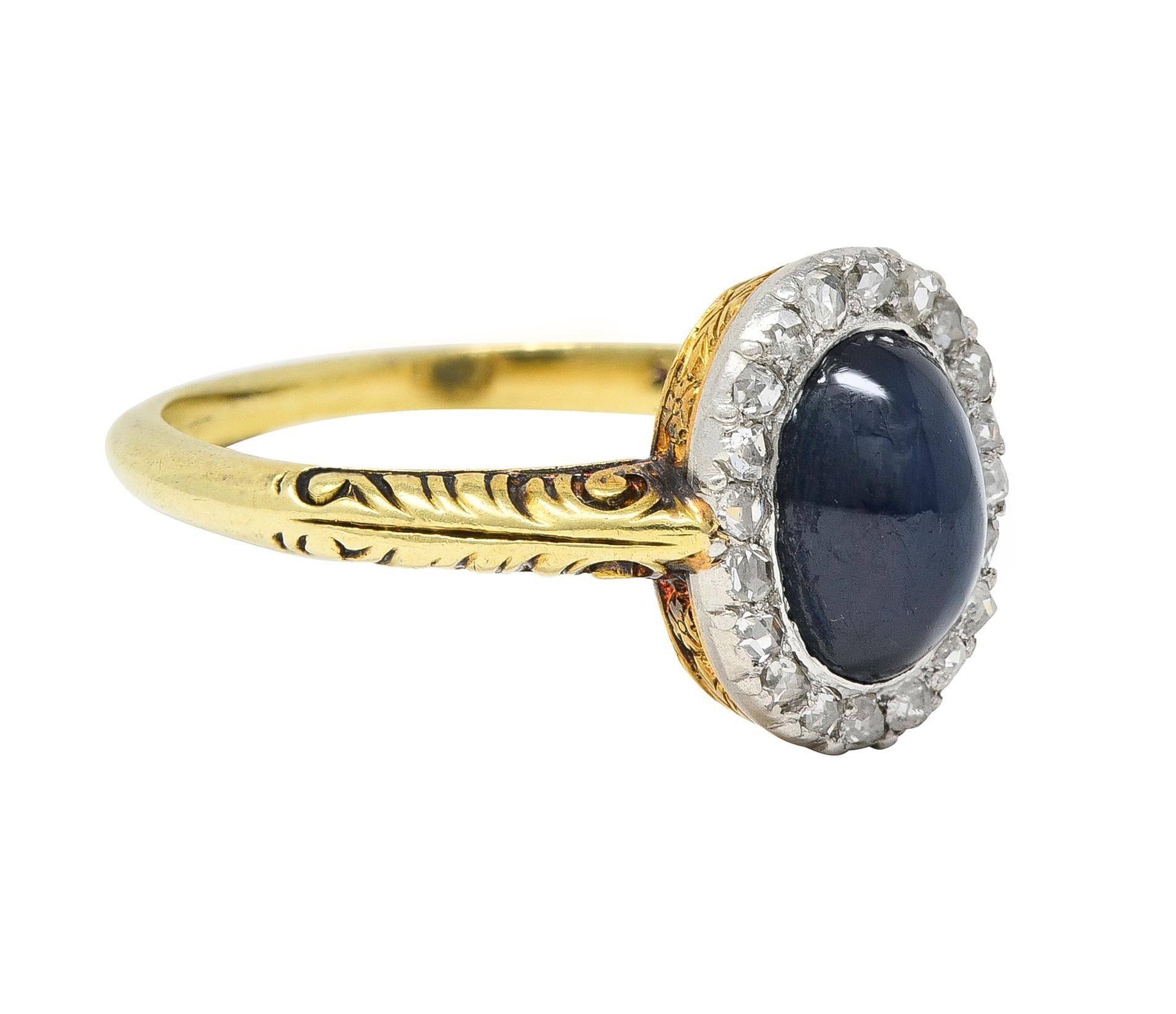 Edwardian 2.42 CTW Sapphire Cabochon Diamond Platinum 14 Karat Gold Halo Ring In Excellent Condition For Sale In Philadelphia, PA