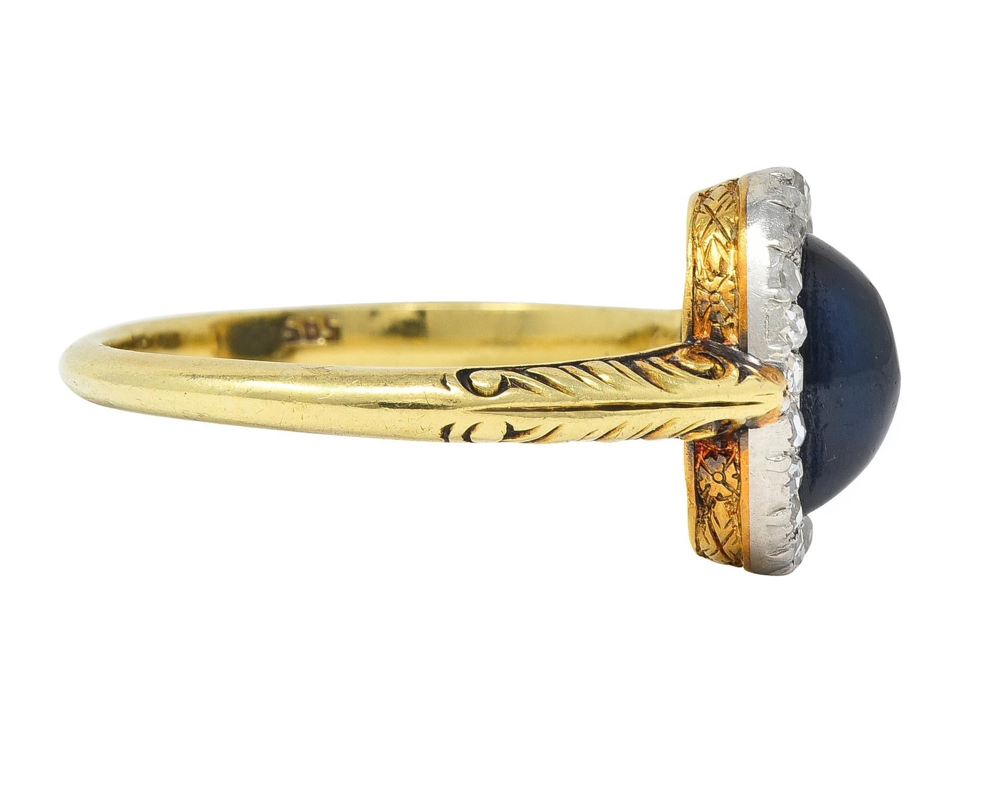 Women's or Men's Edwardian 2.42 CTW Sapphire Cabochon Diamond Platinum 14 Karat Gold Halo Ring For Sale