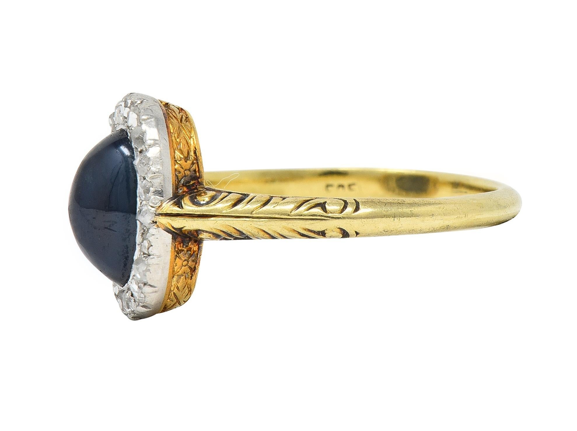 Edwardian 2.42 CTW Sapphire Cabochon Diamond Platinum 14 Karat Gold Halo Ring For Sale 2