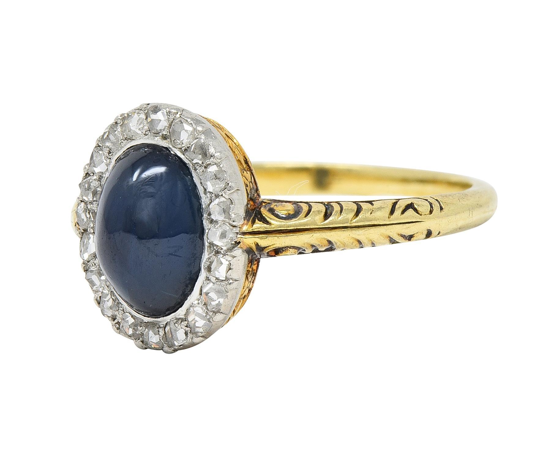 Edwardian 2.42 CTW Sapphire Cabochon Diamond Platinum 14 Karat Gold Halo Ring For Sale 3