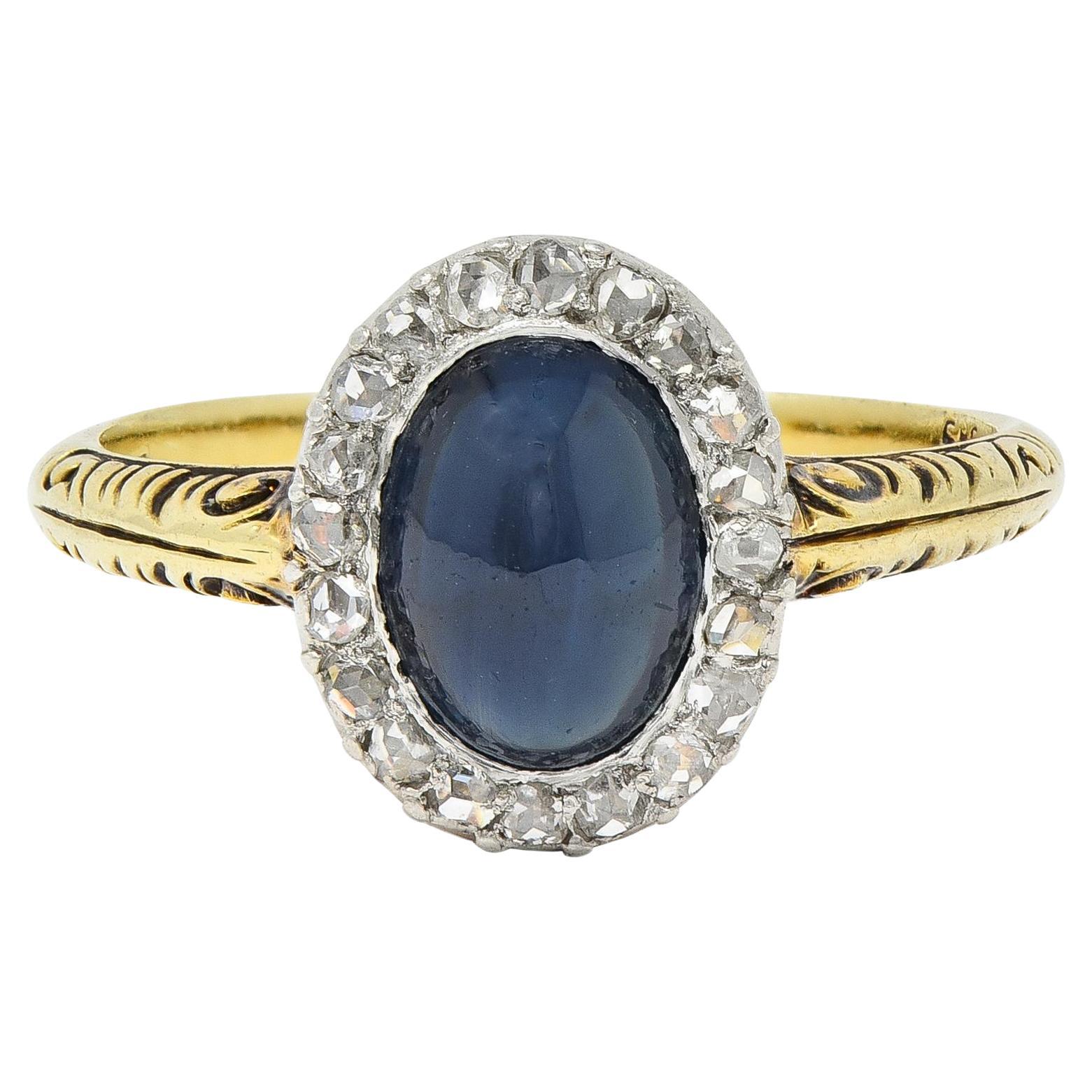 Edwardian 2,42 CTW Saphir Cabochon Diamant Platin 14 Karat Gold Halo Ring im Angebot