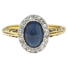 Antique Edwardian 2.42 CTW Sapphire Cabochon Diamond Platinum 14 Karat Gold Halo Ring