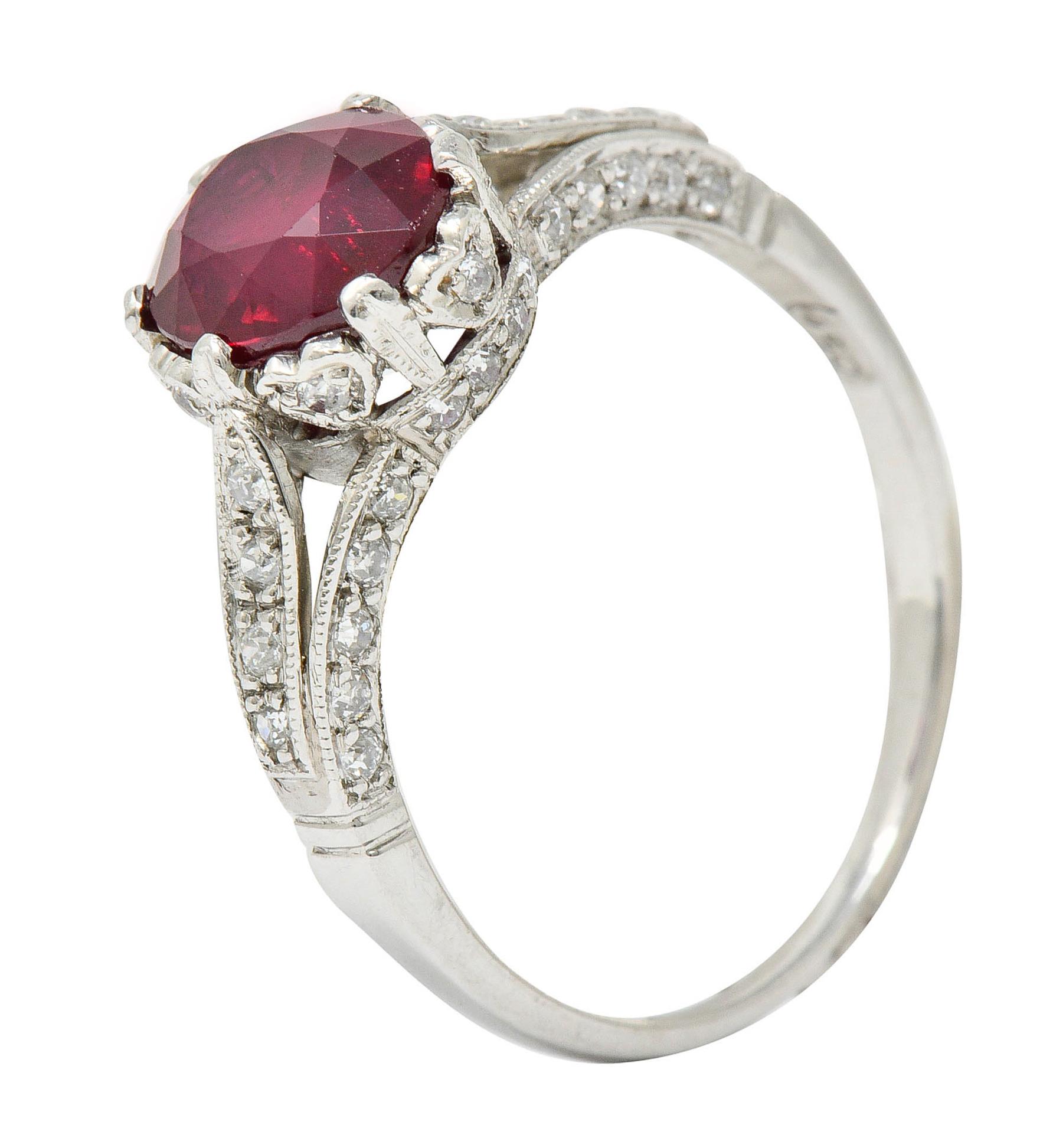 Edwardian 2.44 Carat Burma Ruby Diamond Platinum Heart Ring AGL 5