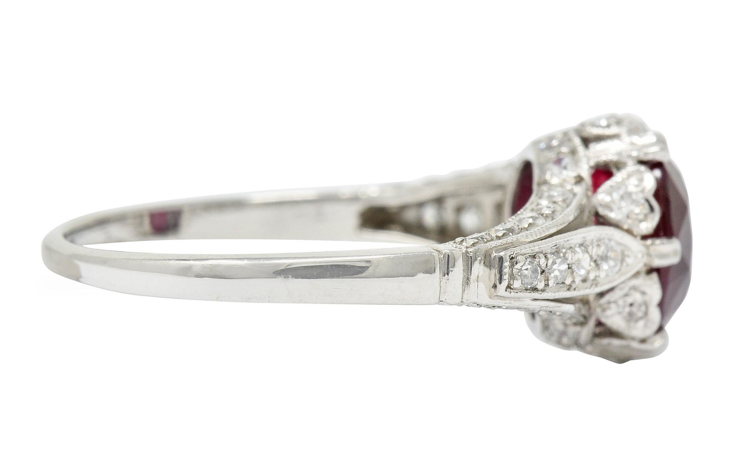 Oval Cut Edwardian 2.44 Carat Burma Ruby Diamond Platinum Heart Ring AGL
