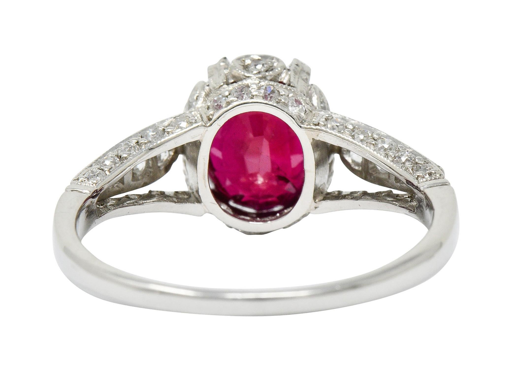 Edwardian 2.44 Carat Burma Ruby Diamond Platinum Heart Ring AGL In Excellent Condition In Philadelphia, PA