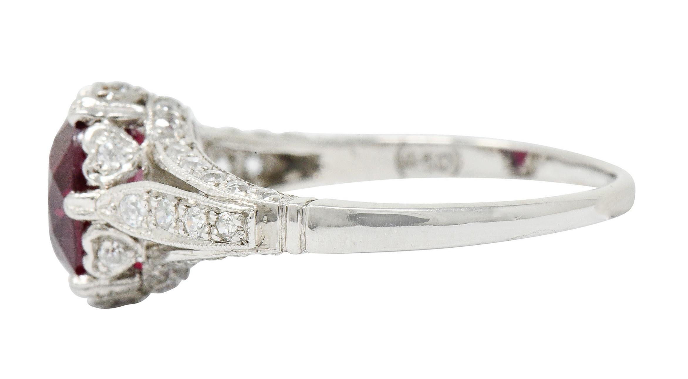 Women's or Men's Edwardian 2.44 Carat Burma Ruby Diamond Platinum Heart Ring AGL