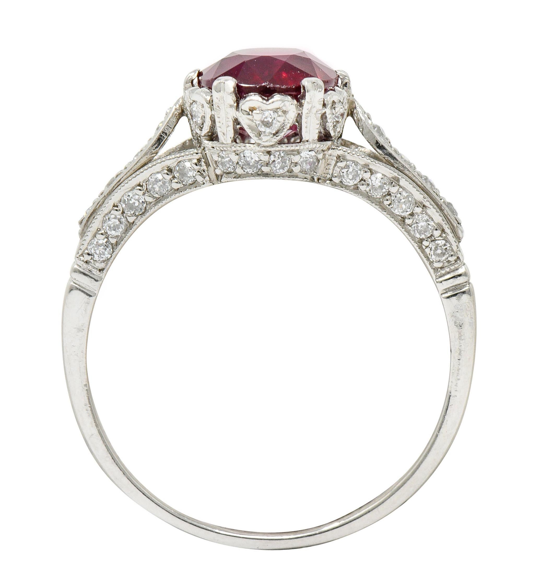 Edwardian 2.44 Carat Burma Ruby Diamond Platinum Heart Ring AGL 2