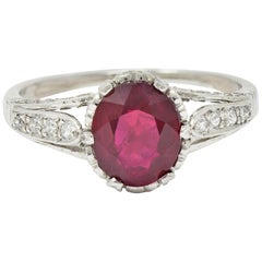 Edwardian 2.44 Carat Burma Ruby Diamond Platinum Heart Ring AGL