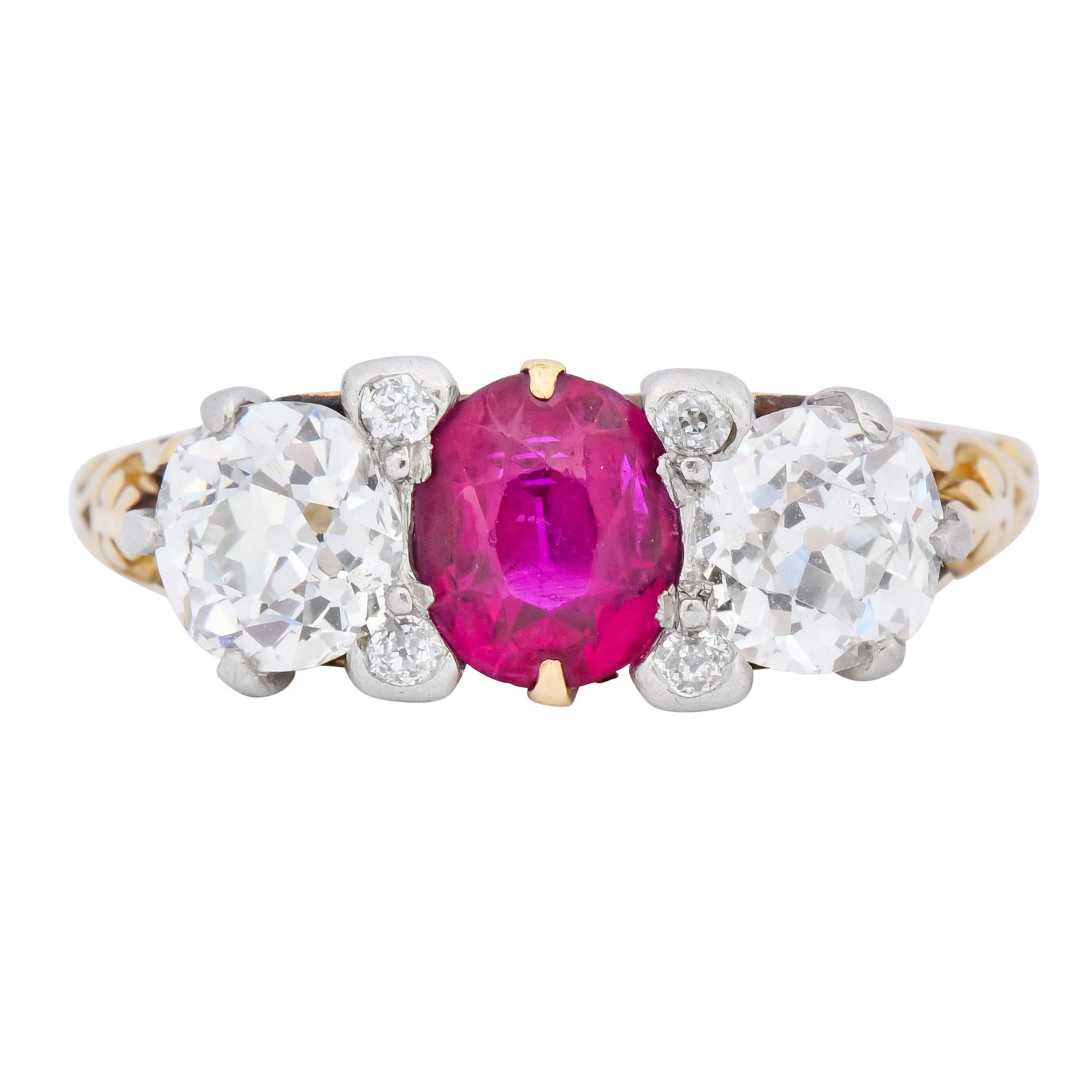 Edwardian 2.48 Carat Burma Ruby Diamond 18 Karat Gold Platinum Three-Stone Ring