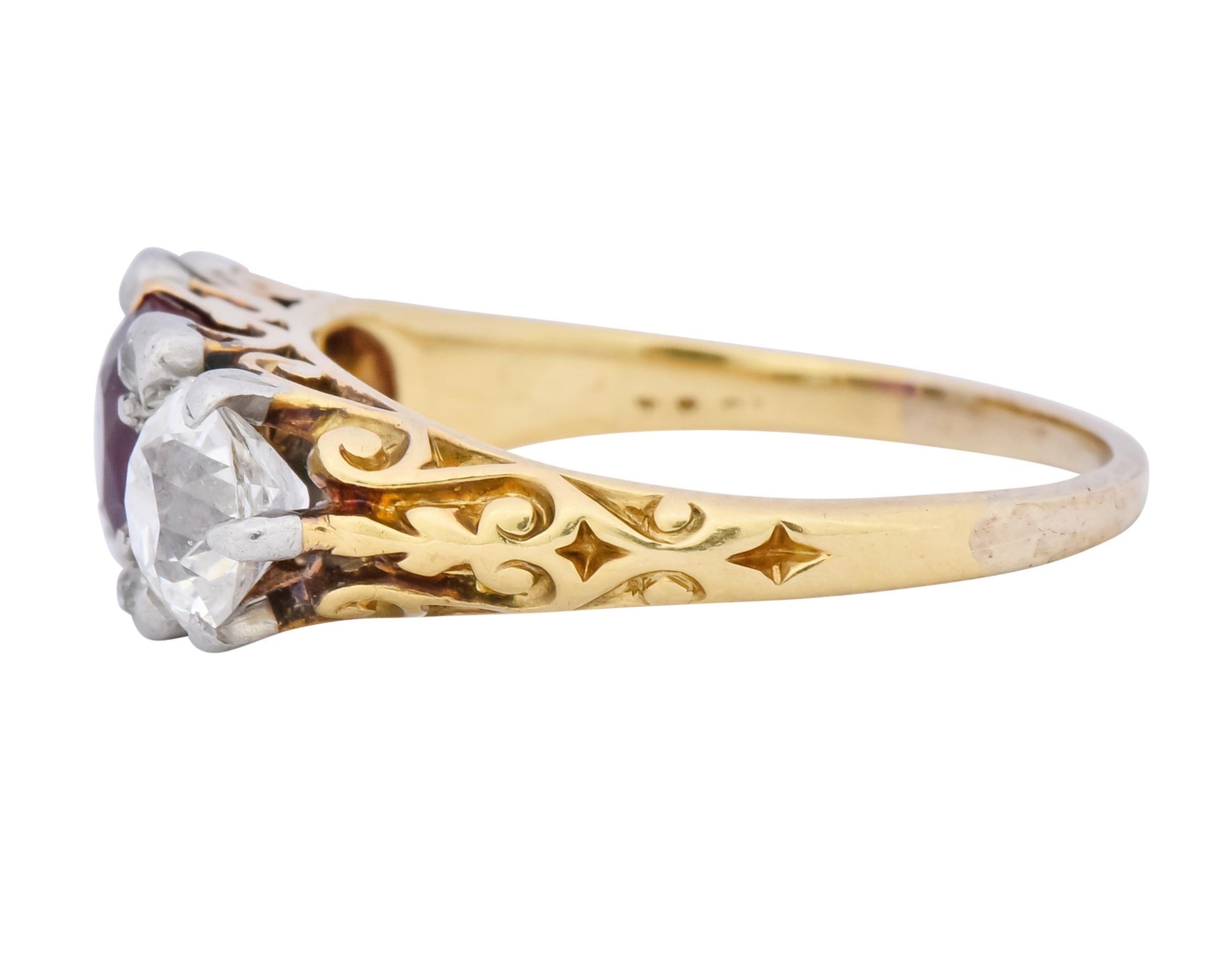 Women's or Men's Edwardian 2.48 Carat Burma Ruby Diamond 18 Karat Gold Platinum Three-Stone Ring