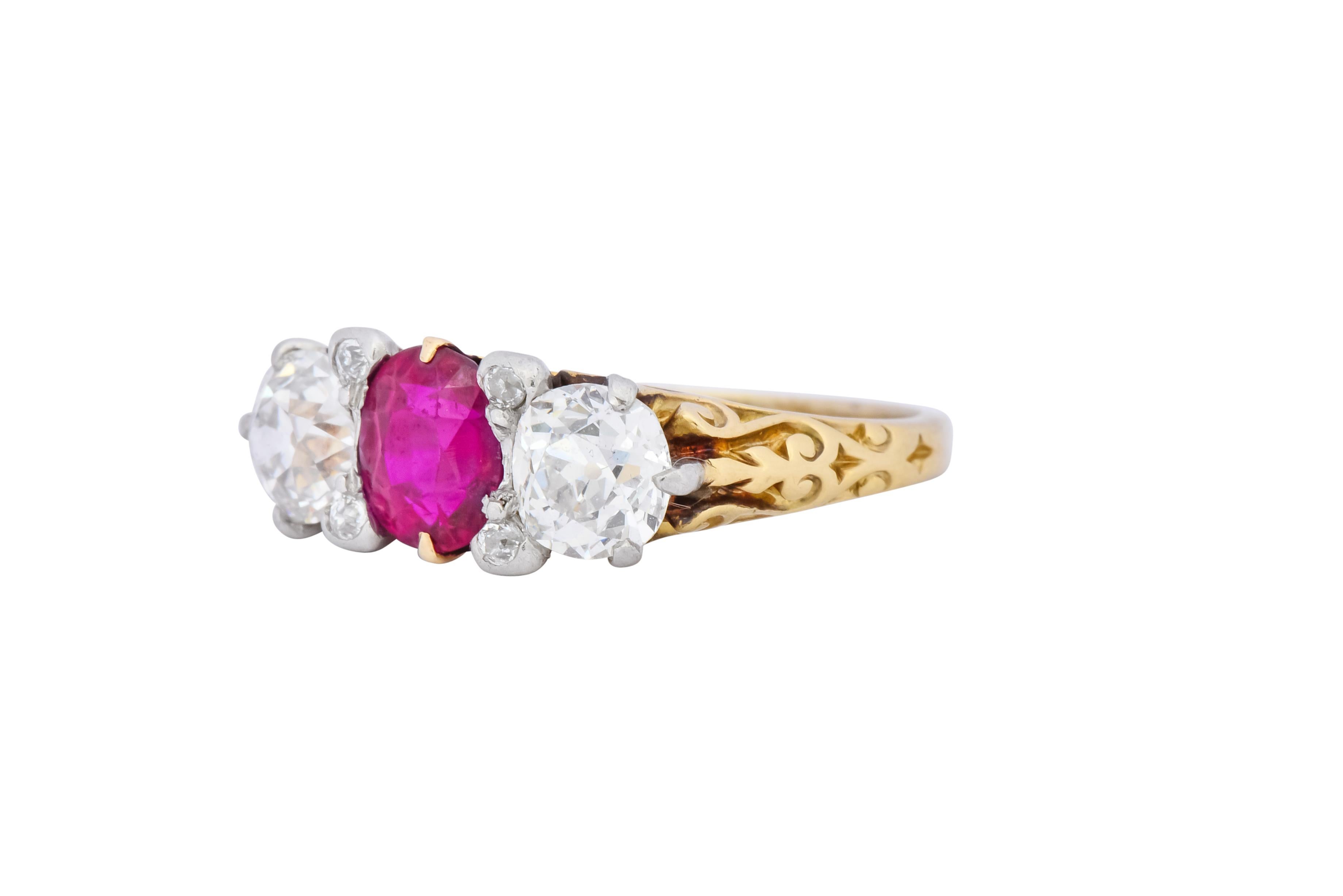 Edwardian 2.48 Carat Burma Ruby Diamond 18 Karat Gold Platinum Three-Stone Ring 1