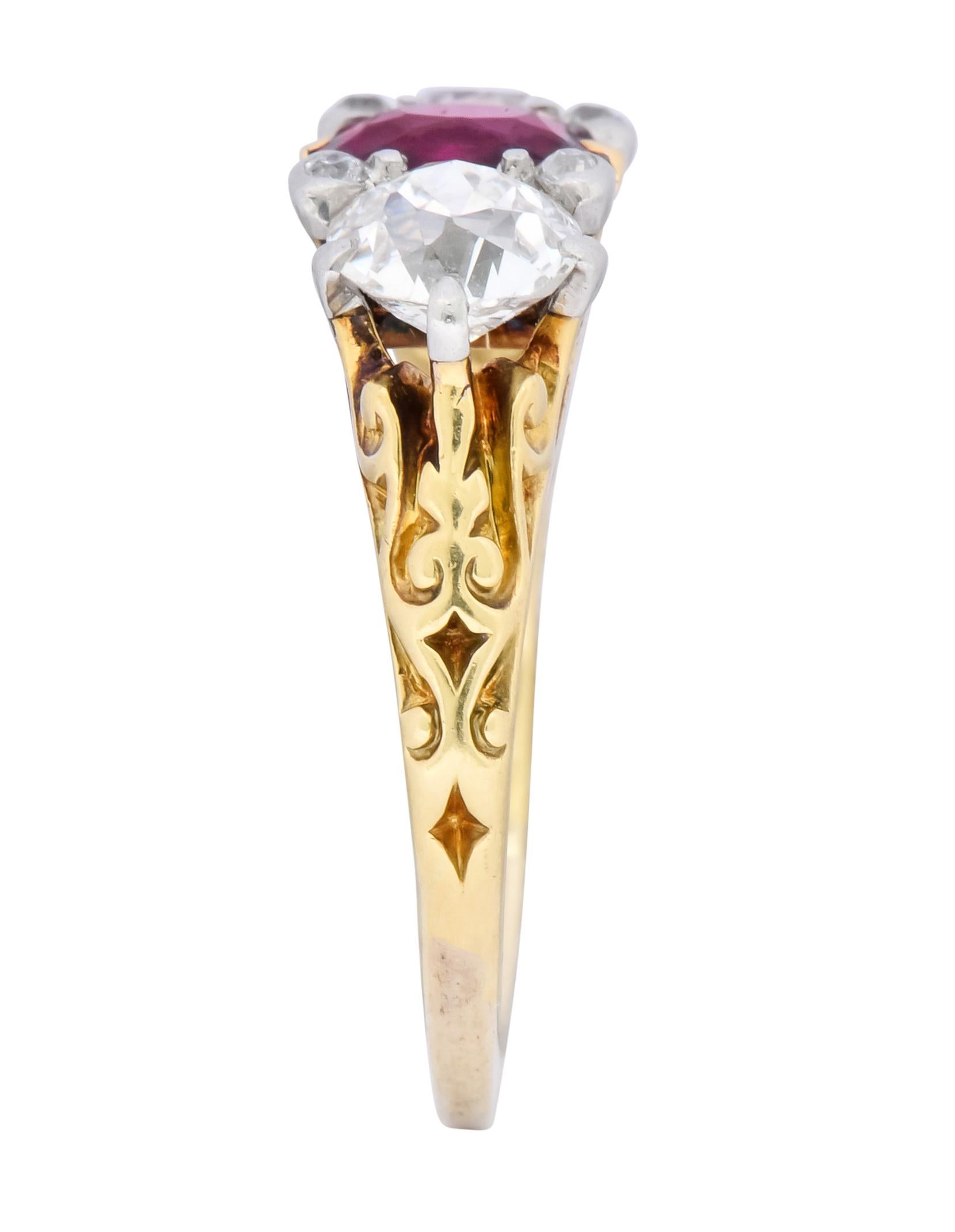 Edwardian 2.48 Carat Burma Ruby Diamond 18 Karat Gold Platinum Three-Stone Ring 3