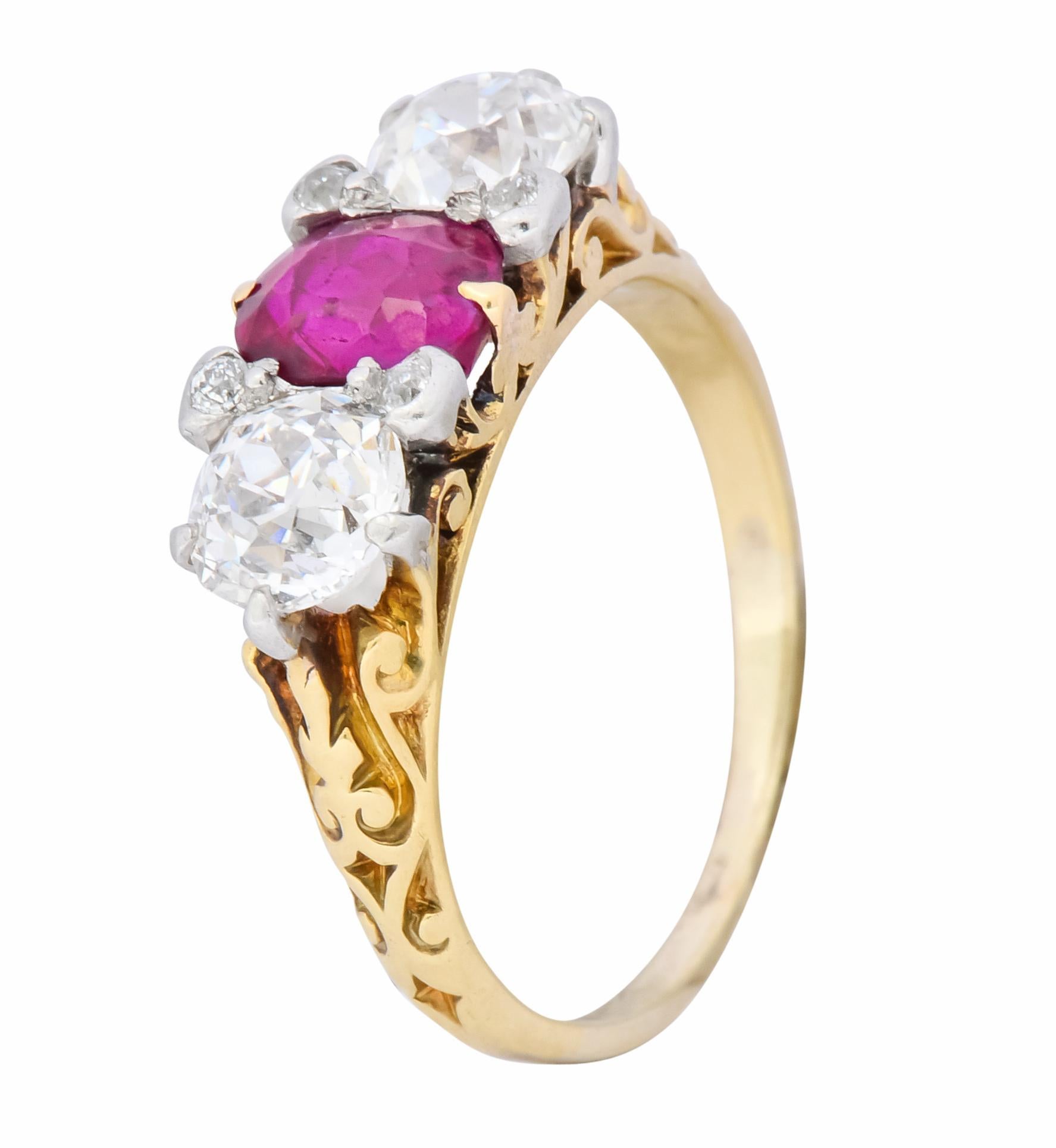 Edwardian 2.48 Carat Burma Ruby Diamond 18 Karat Gold Platinum Three-Stone Ring 4