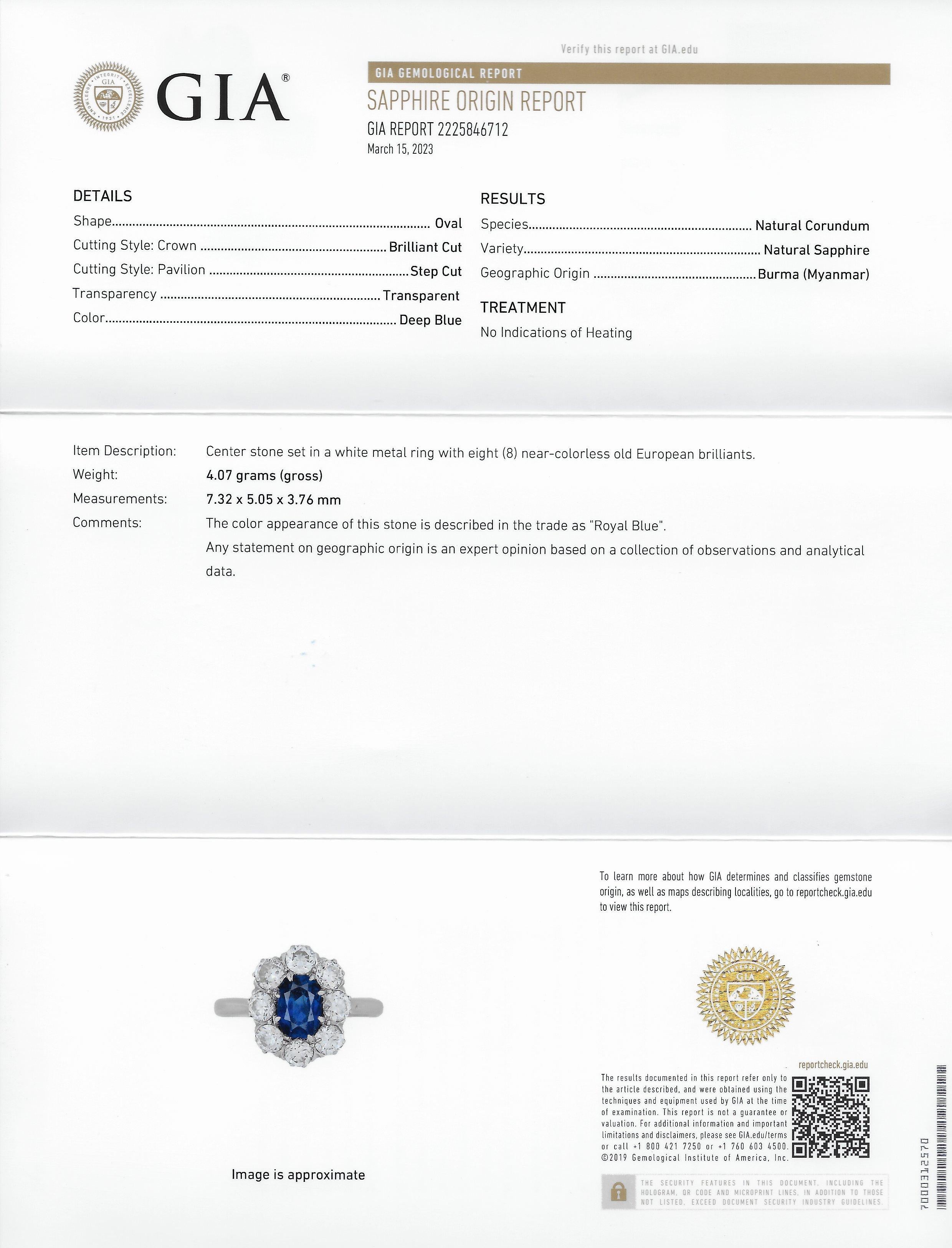 Edwardian 2.48 Carats No Heat Burma Sapphire Diamond Platinum Halo Ring GIA For Sale 8