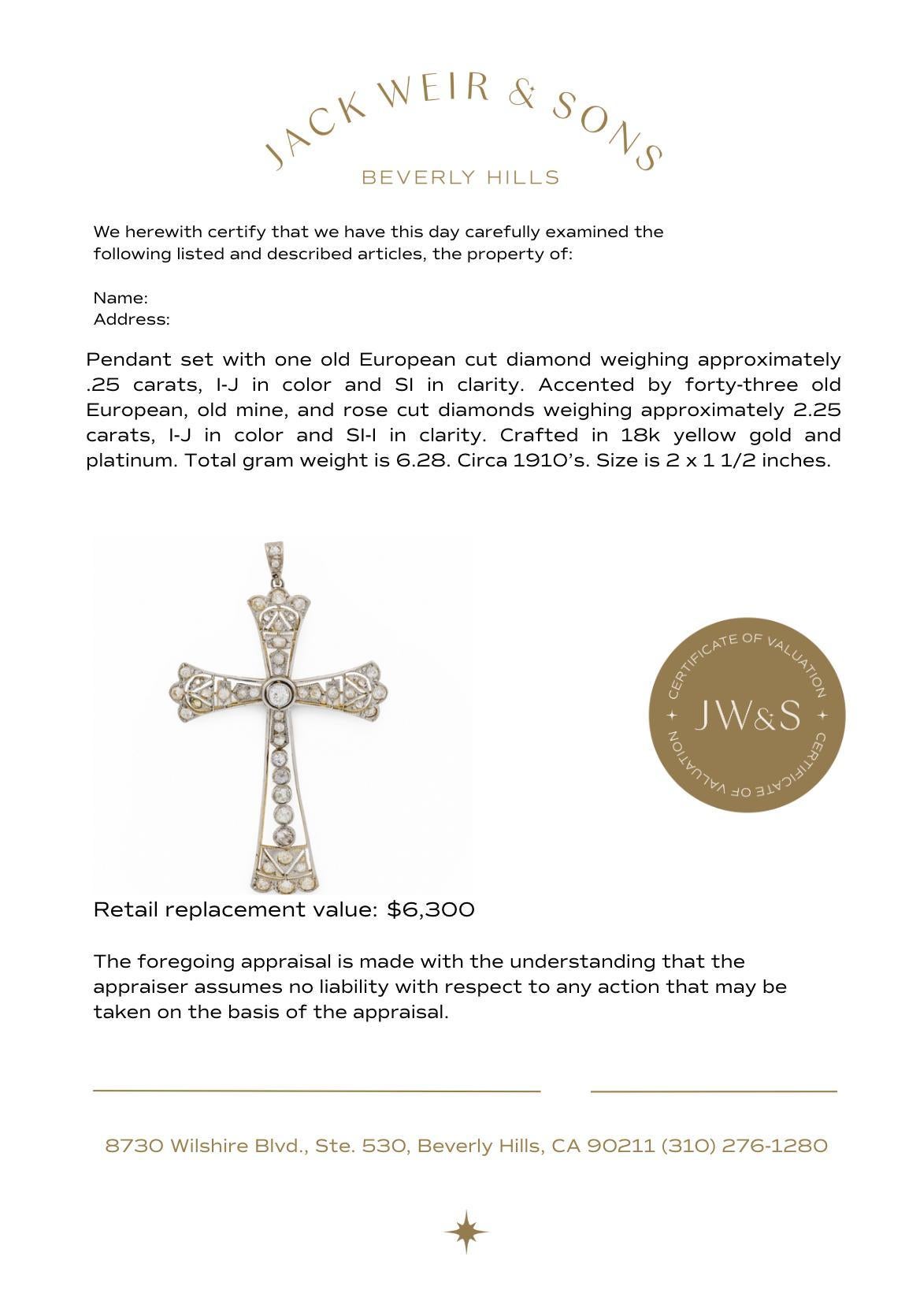 Pendentif croix édouardien en platine et or jaune 18 carats serti d'un diamant de 2,50 carats en vente 1
