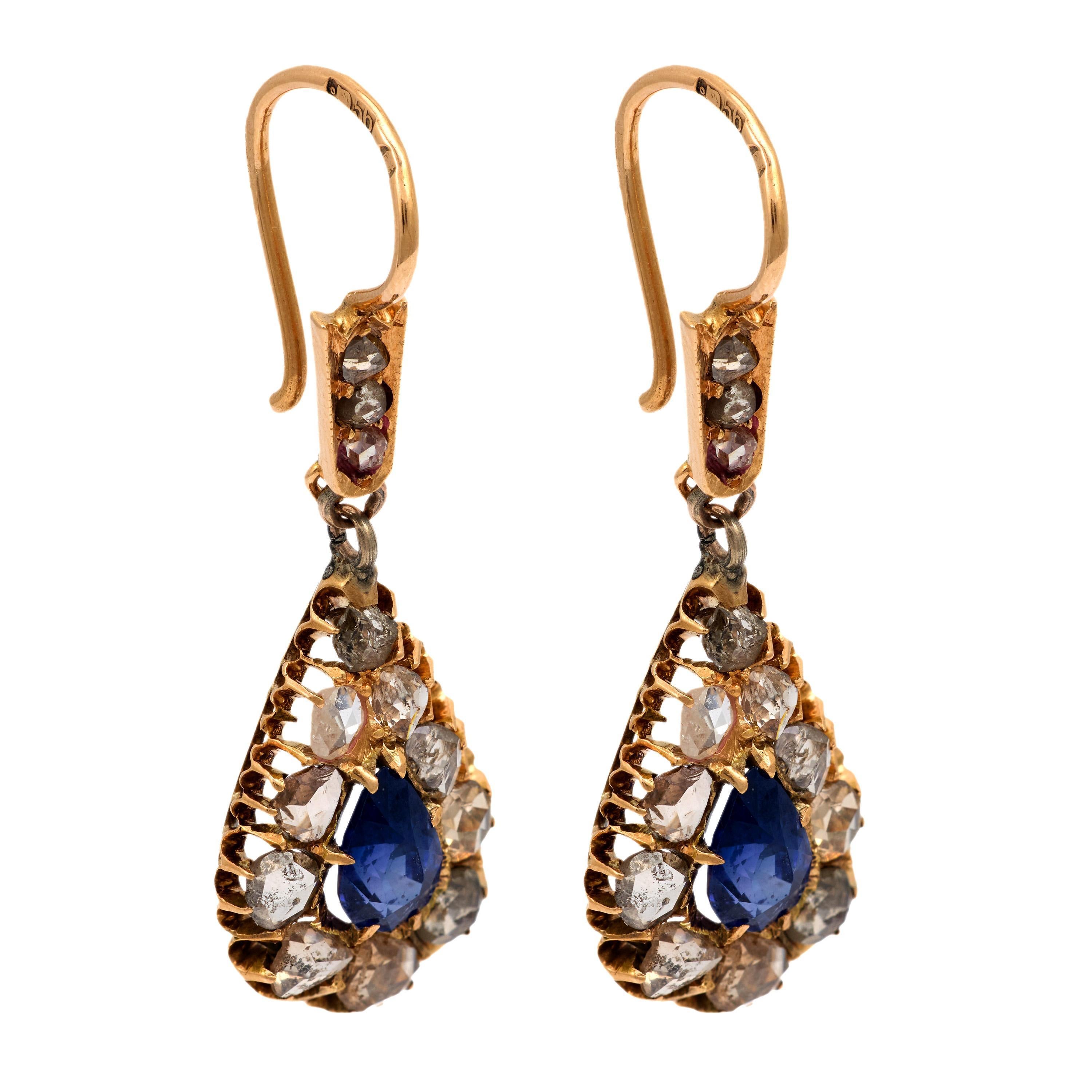 Pear Cut Edwardian 2.50 carat sapphire diamond 14k rose gold drop earrings For Sale