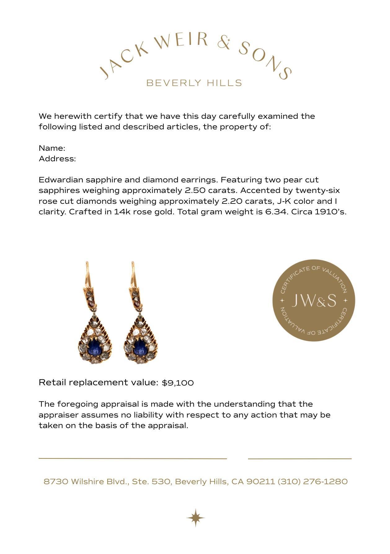 Women's Edwardian 2.50 carat sapphire diamond 14k rose gold drop earrings For Sale