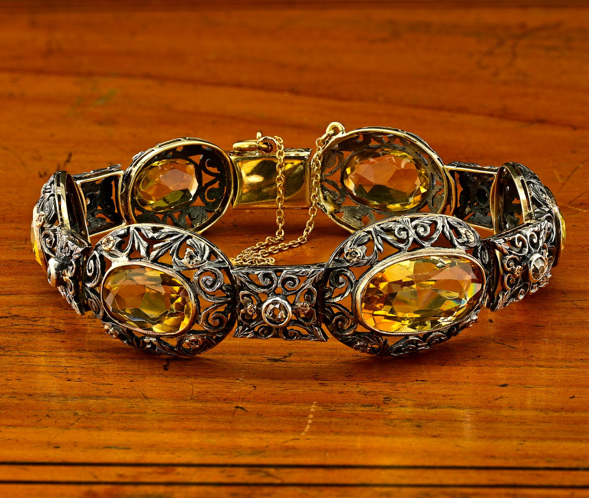 Oval Cut Edwardian 25.45 Ct. Natural Citrine Diamond 18 Kt/Silver Bracelet For Sale