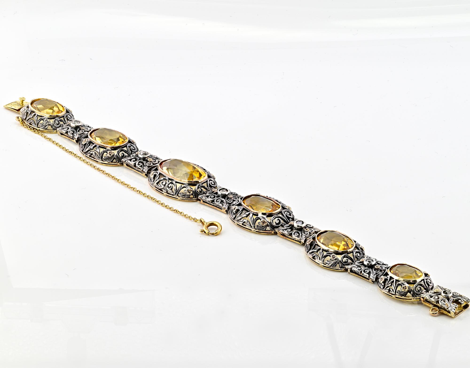 Edwardian 25.45 Ct. Natural Citrine Diamond 18 Kt/Silver Bracelet In Good Condition For Sale In Napoli, IT