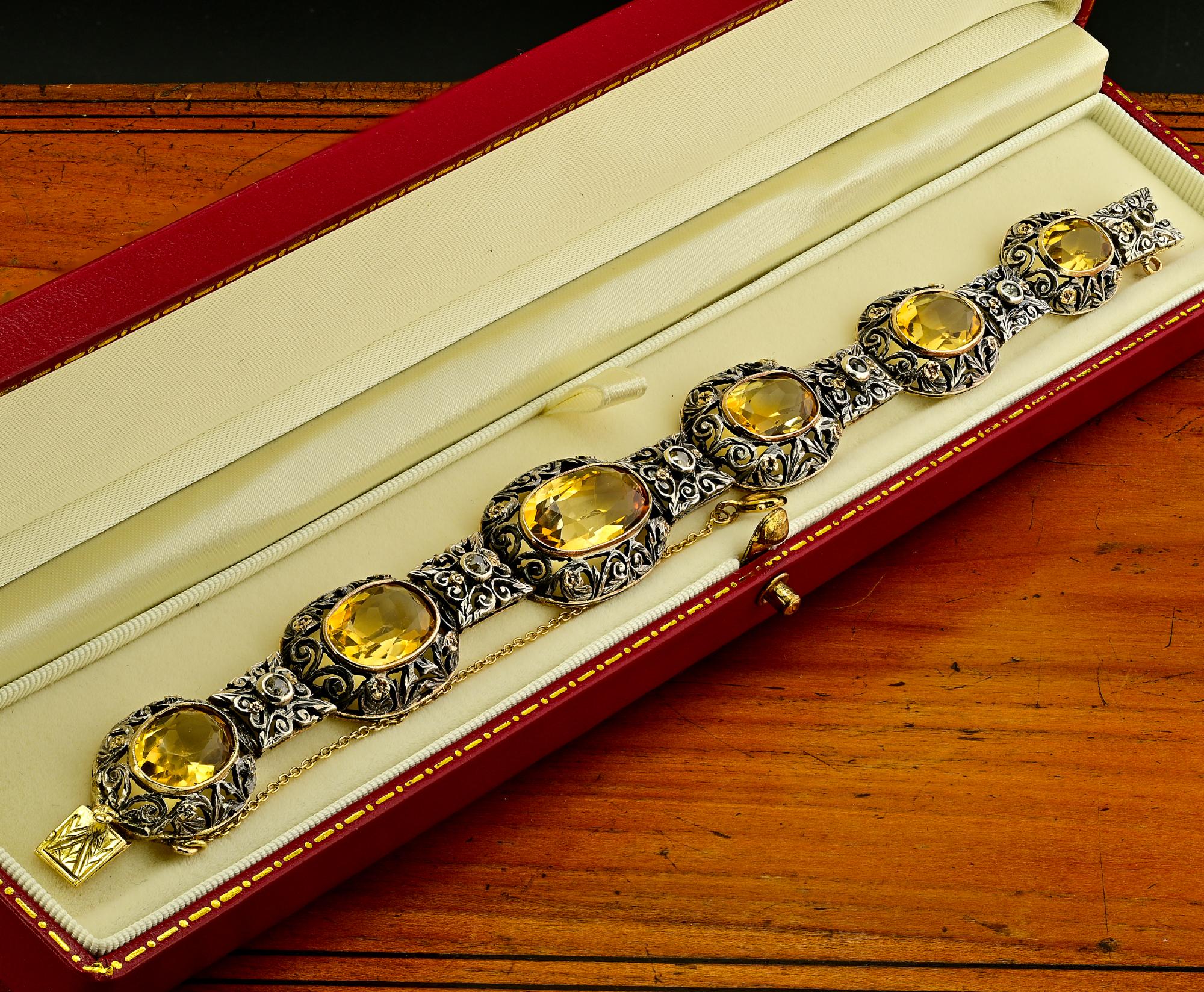 Women's Edwardian 25.45 Ct. Natural Citrine Diamond 18 Kt/Silver Bracelet For Sale