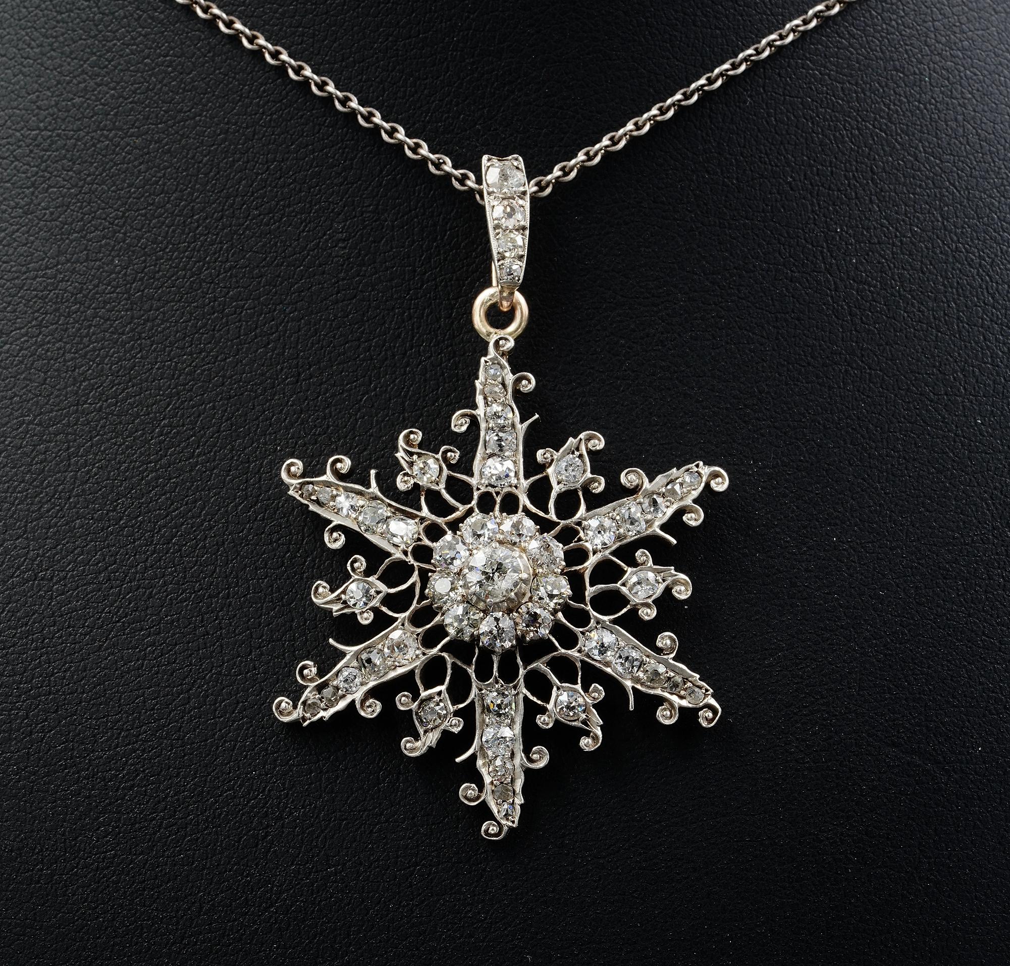 The Magic Snowflakes
Like pure white sparkles atop freshly fallen snow, a tribute to the magic of nature
Edwardian period in transition to the Victorian, Diamond snowflake pendant, skilfully hand crafted of solid 18 KT gold silver topped, tested,