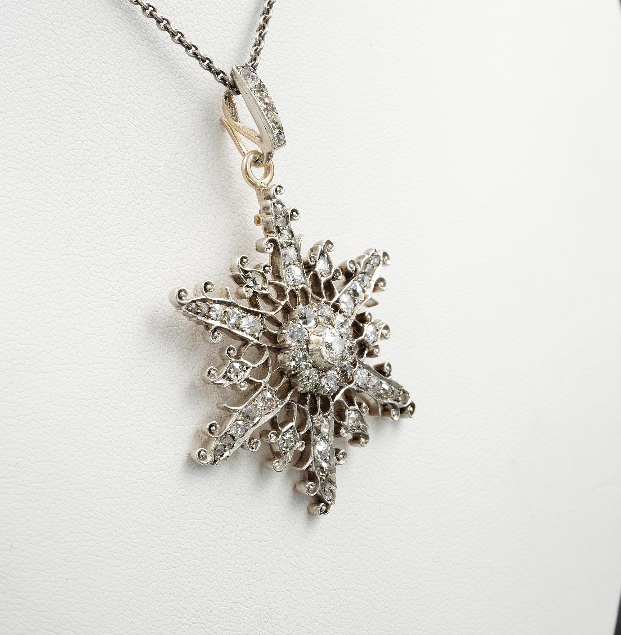 Old European Cut Edwardian 2.55 Ct Diamond Snowflake Pendant For Sale