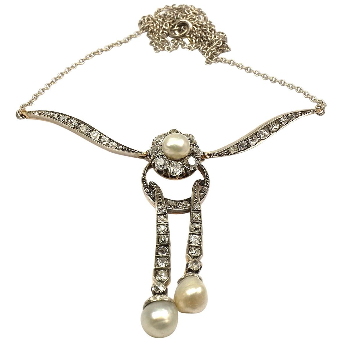 Edwardian 2.6 Carat Diamond and Natural Pearl Lavalier Necklace, circa 1910