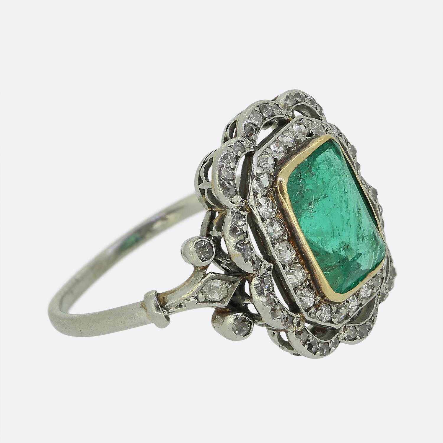 Rose Cut Edwardian 2.60 Carat Colombian Emerald and Diamond Cluster Ring