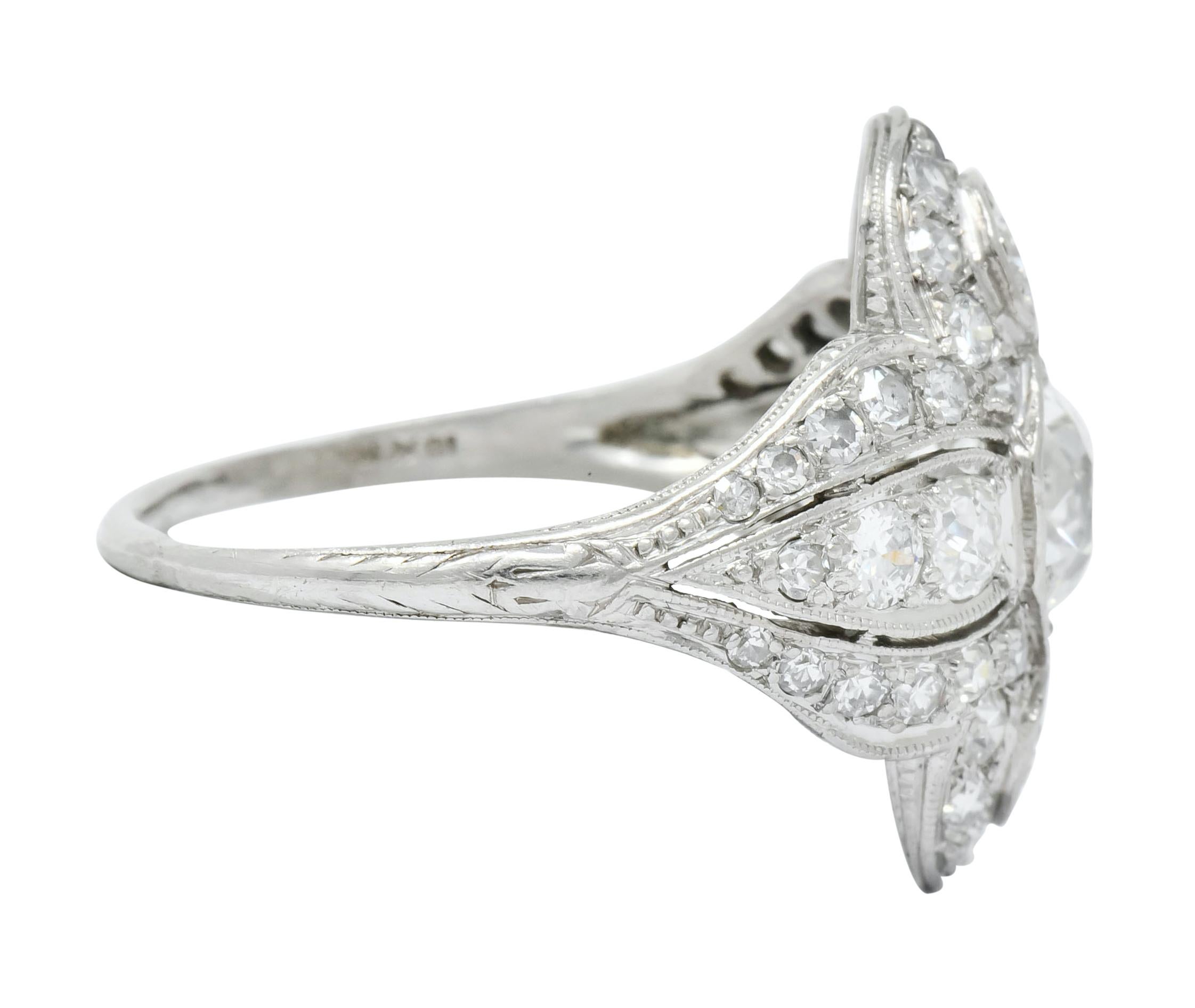 Edwardian 2.60 Carat Old European Cut Diamond Platinum Quatrefoil Dinner Ring In Excellent Condition In Philadelphia, PA