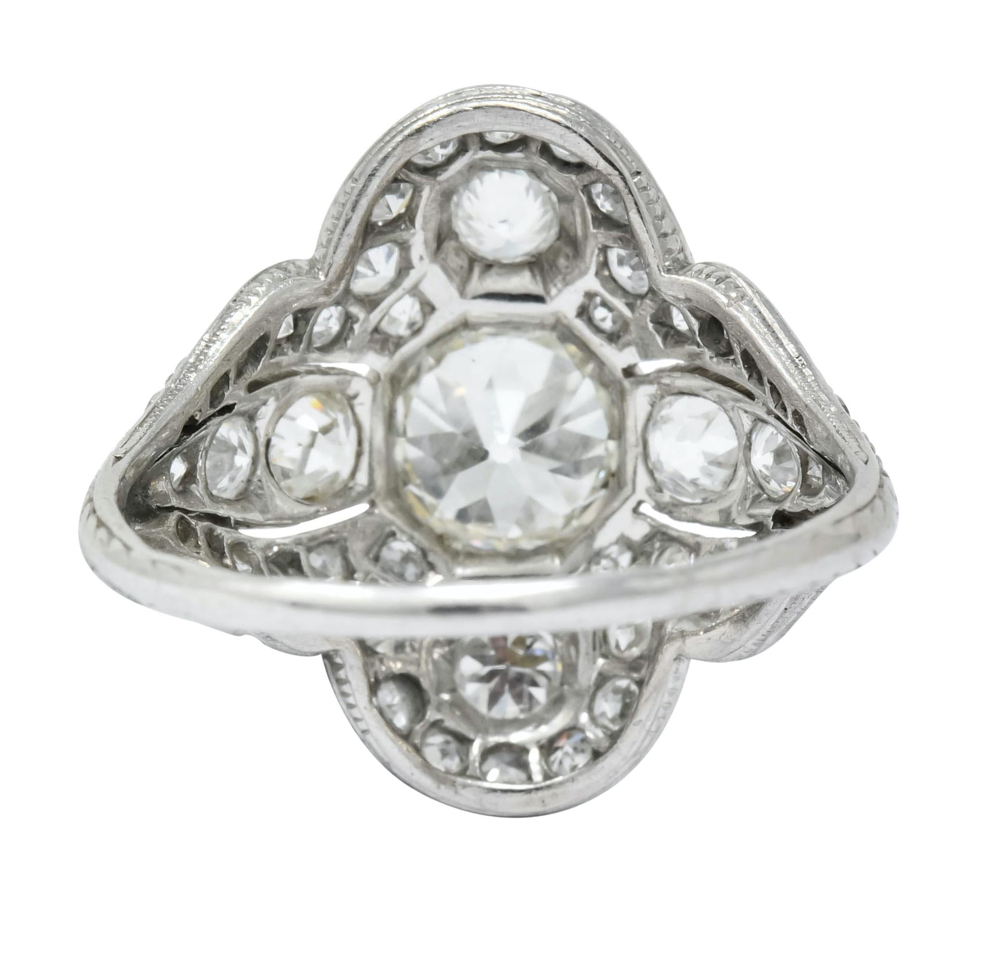 Women's or Men's Edwardian 2.60 Carat Old European Cut Diamond Platinum Quatrefoil Dinner Ring
