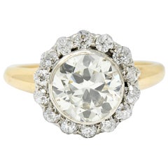 Edwardian 2.61 Carat Diamond Platinum 14 Karat Gold Cluster Engagement Ring GIA