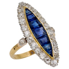 Edwardian 2.65 carat sapphire diamond 18k yellow gold and platinum navette ring