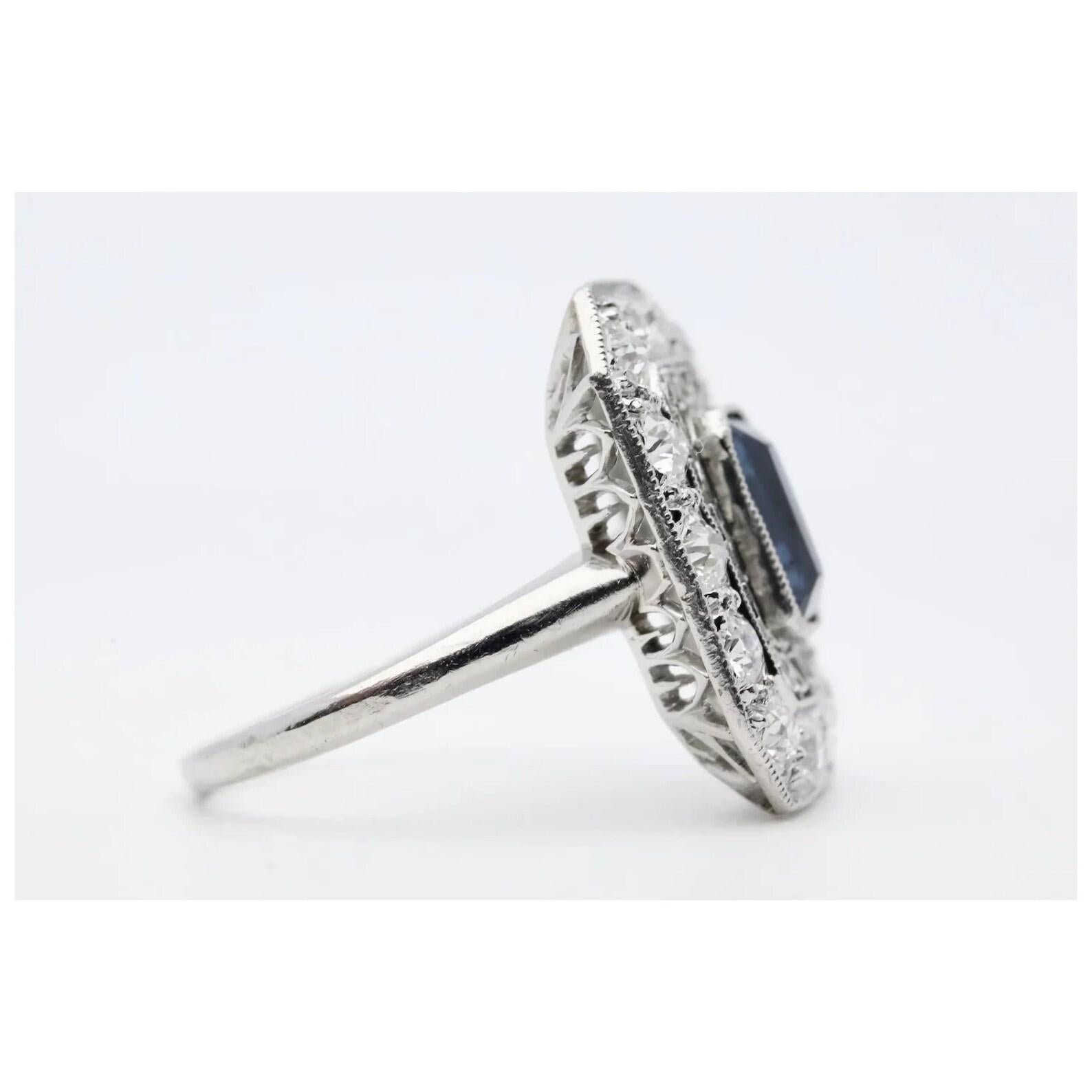 Emerald Cut Edwardian 2.65ctw No Heat Sapphire & Diamond Filigree Ring in Platinum For Sale