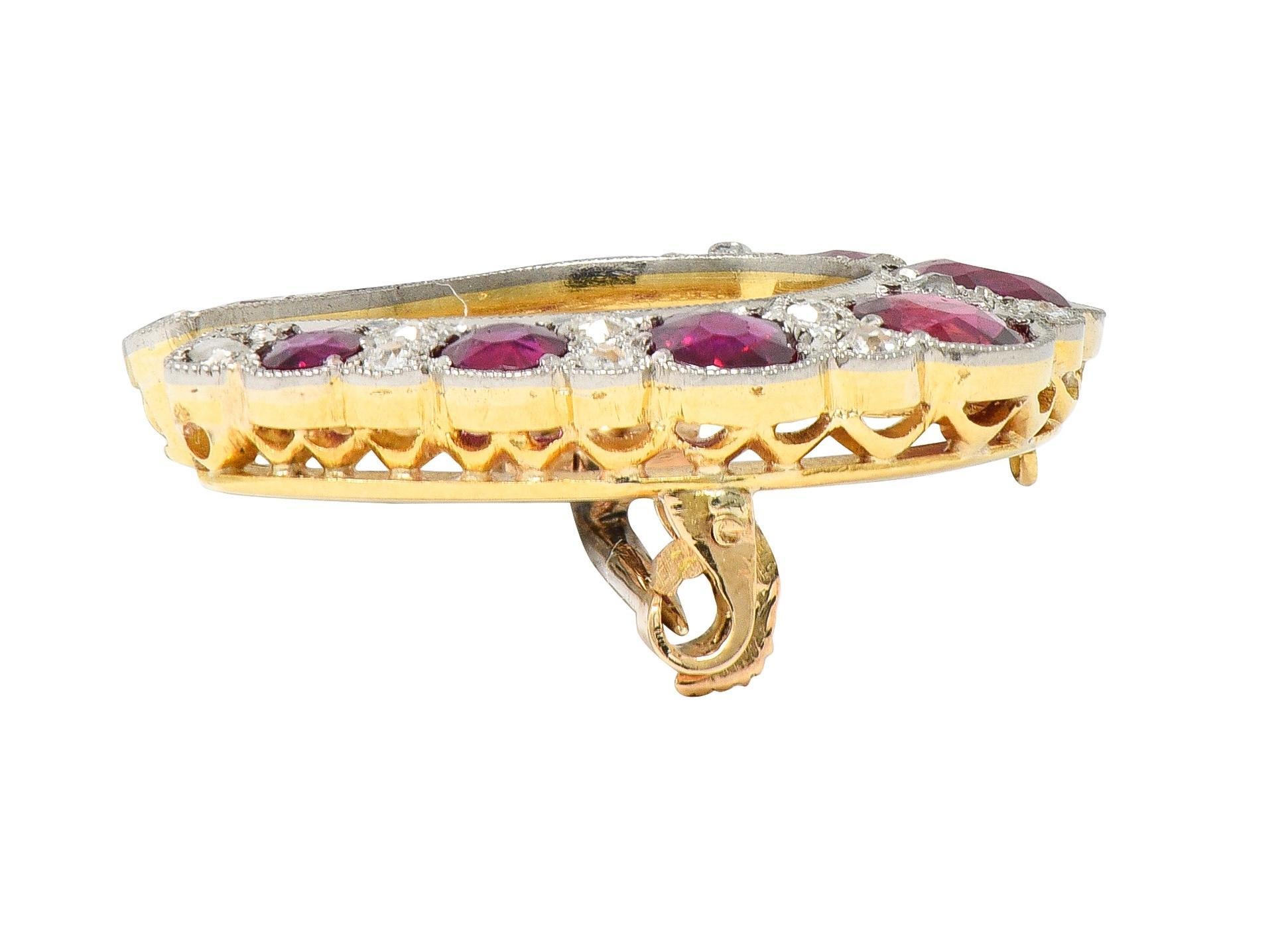 Edwardian 2.66 CTW Ruby Diamond Platinum 18 Karat Gold Horseshoe Pendant Brooch For Sale 5
