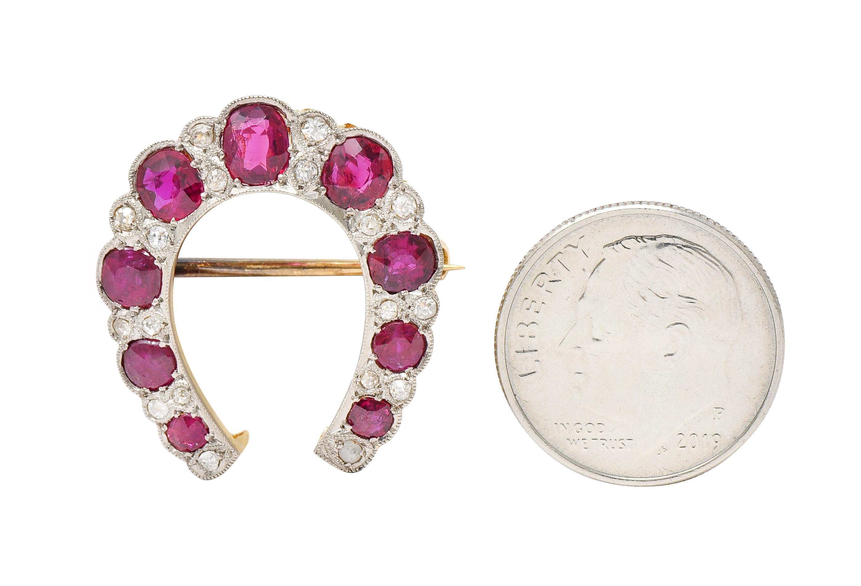 Women's or Men's Edwardian 2.66 CTW Ruby Diamond Platinum 18 Karat Gold Horseshoe Pendant Brooch