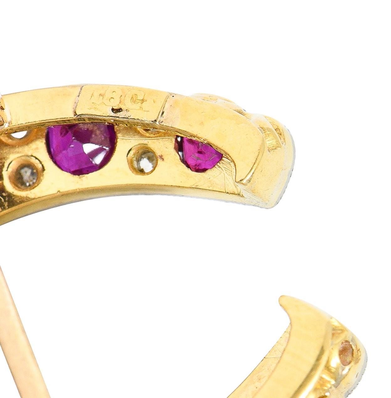 Edwardian 2.66 CTW Ruby Diamond Platinum 18 Karat Gold Horseshoe Pendant Brooch For Sale 1