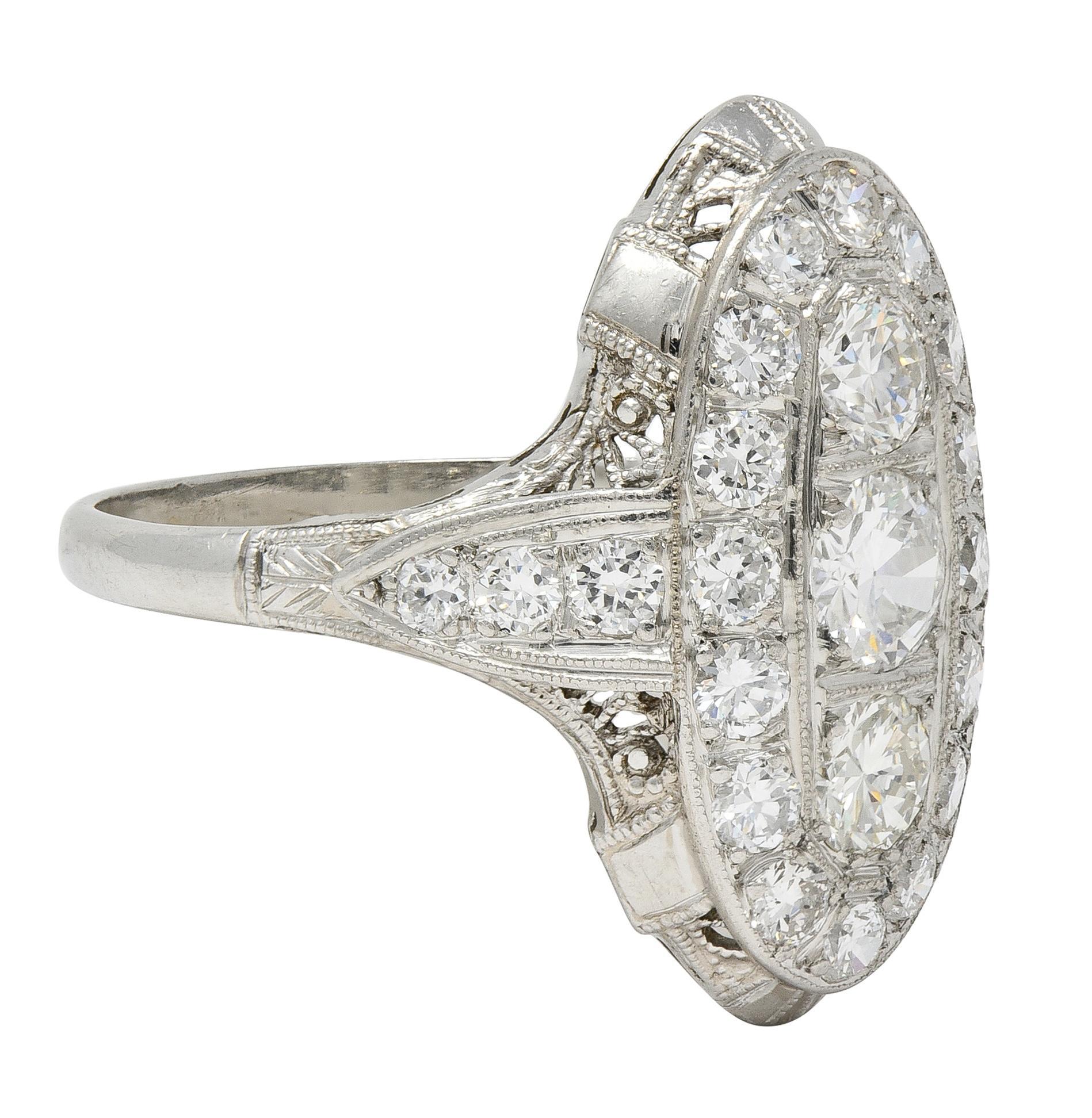 Edwardian 2,68 CTW Diamant Platin Antik Scrolling Navette Abendessen Ring (Alteuropäischer Schliff) im Angebot
