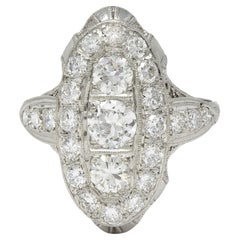Edwardian 2.68 CTW Diamond Platinum Antique Scrolling Navette Dinner Ring