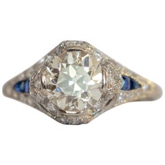 Edwardian 2.69ct VS Old European Cut Diamond in Platinum Ring with Blue Sapphire