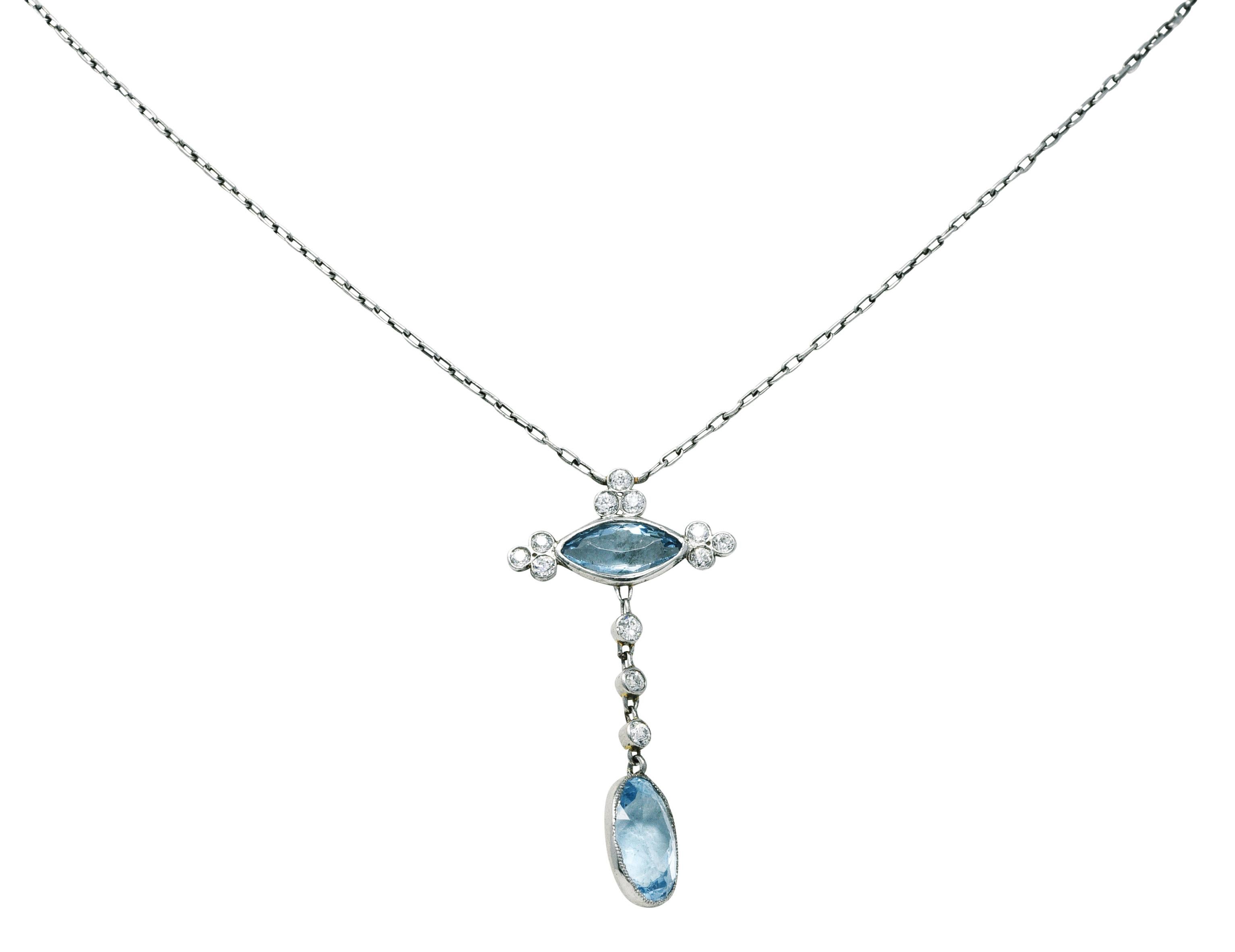 Edwardian 2.70 Carats Diamond Aquamarine Platinum Drop Necklace 5