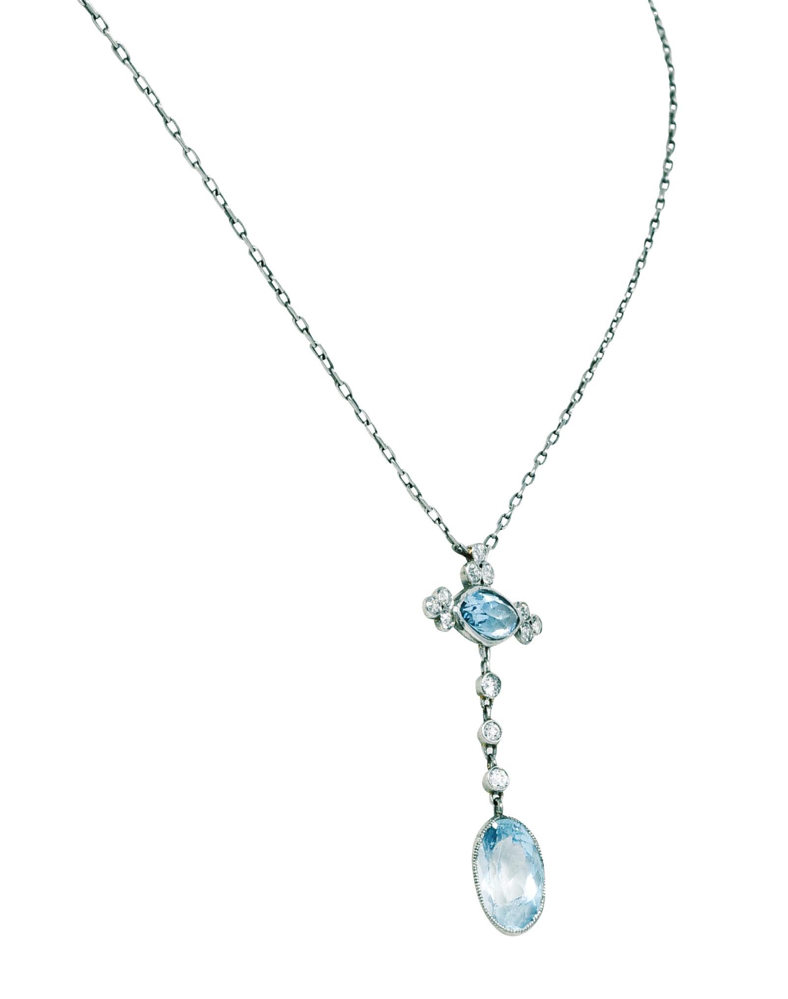 Oval Cut Edwardian 2.70 Carats Diamond Aquamarine Platinum Drop Necklace