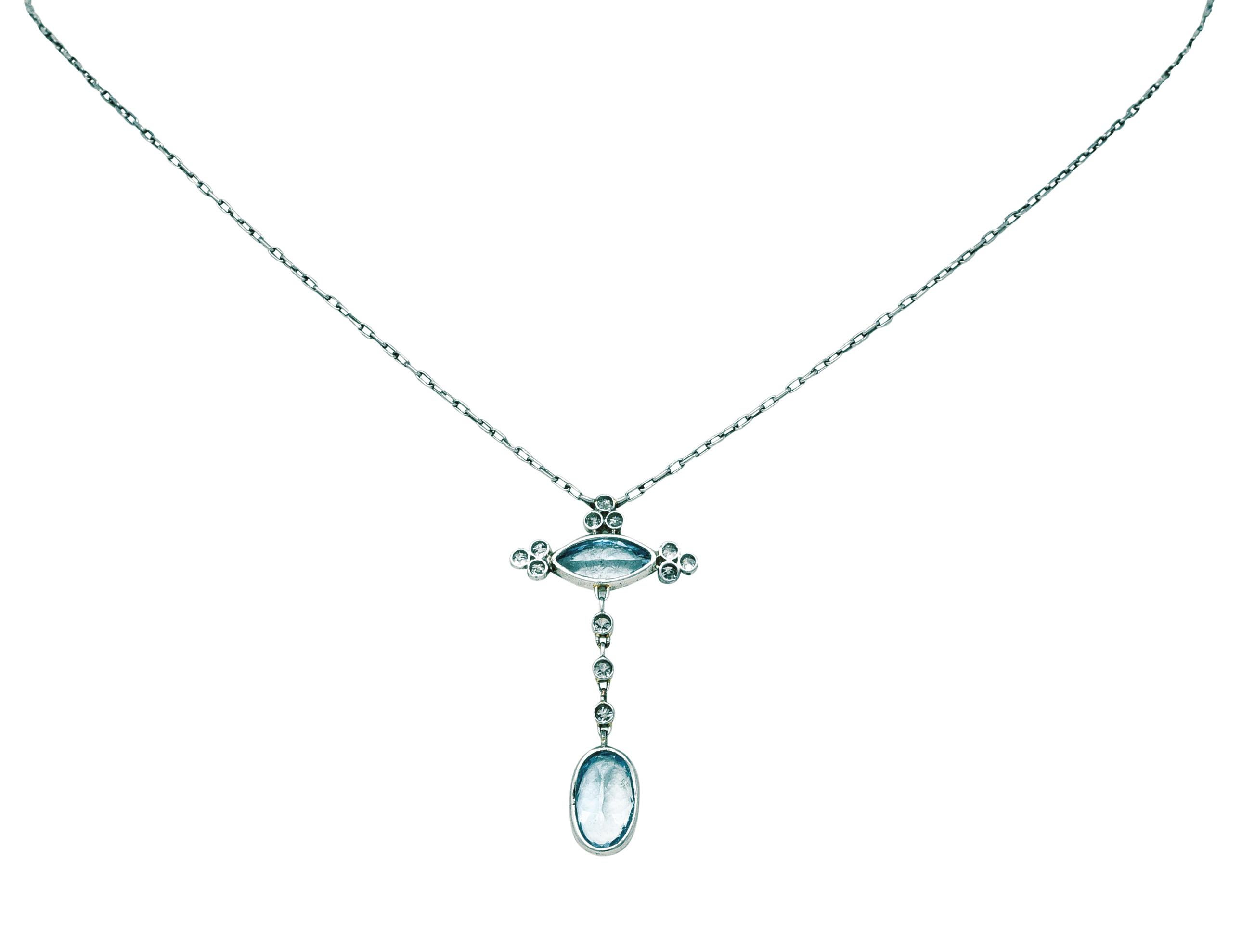 Edwardian 2.70 Carats Diamond Aquamarine Platinum Drop Necklace In Excellent Condition In Philadelphia, PA