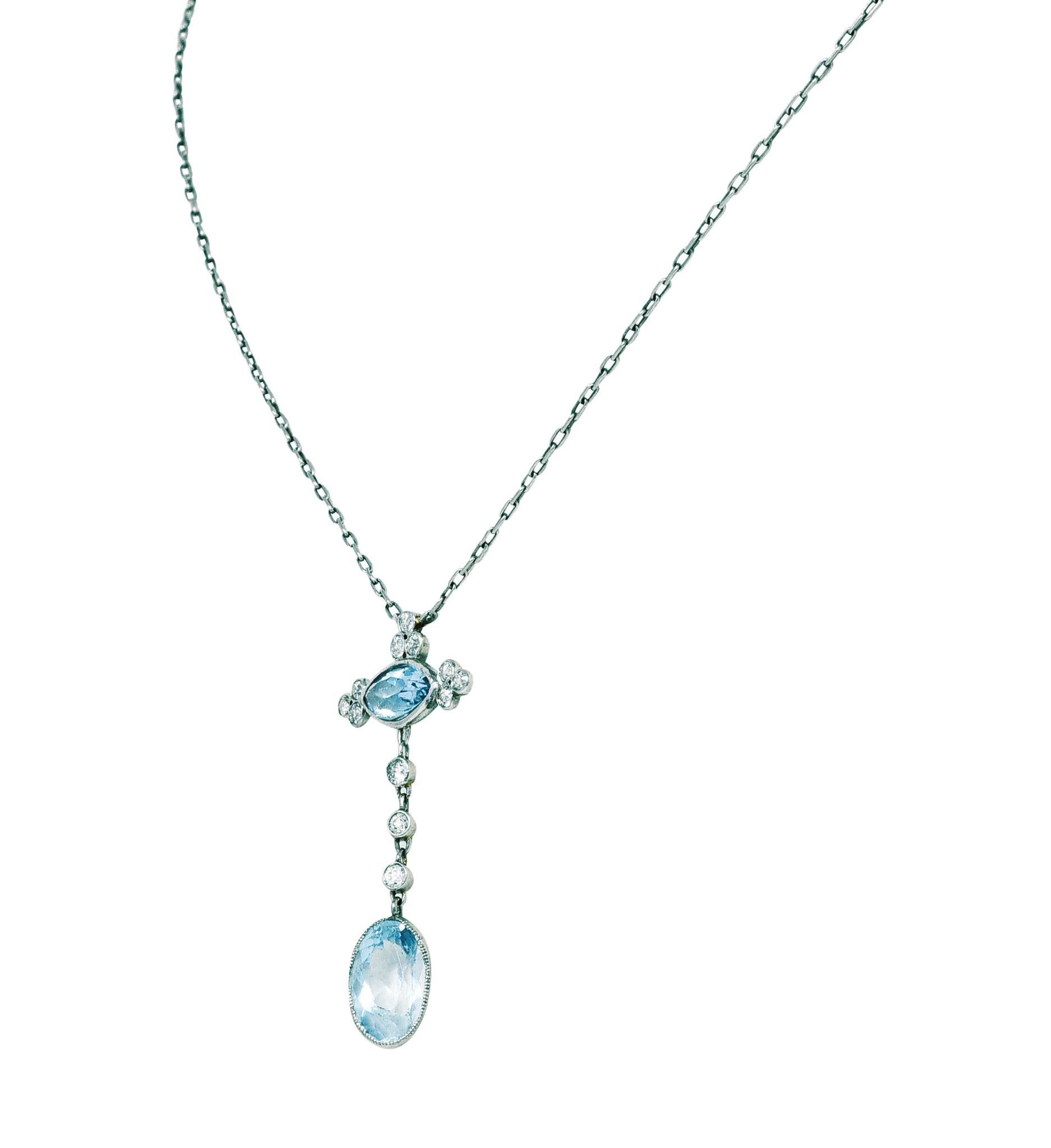 Edwardian 2.70 Carats Diamond Aquamarine Platinum Drop Necklace 1