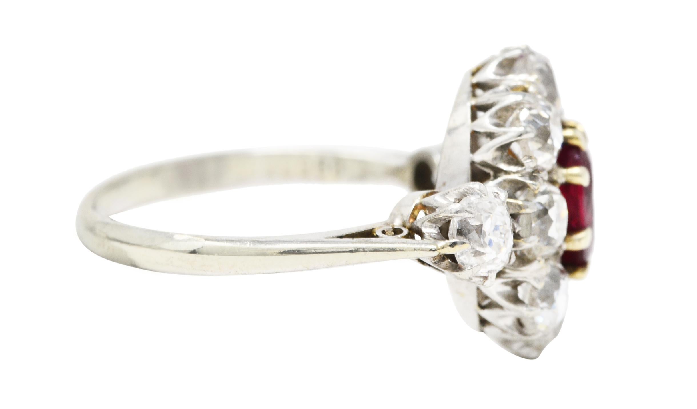 Art Deco  Edwardian 2.70 Carats Ruby Old Mine Diamond 18 Karat Two-Tone Gold Cluster Ring