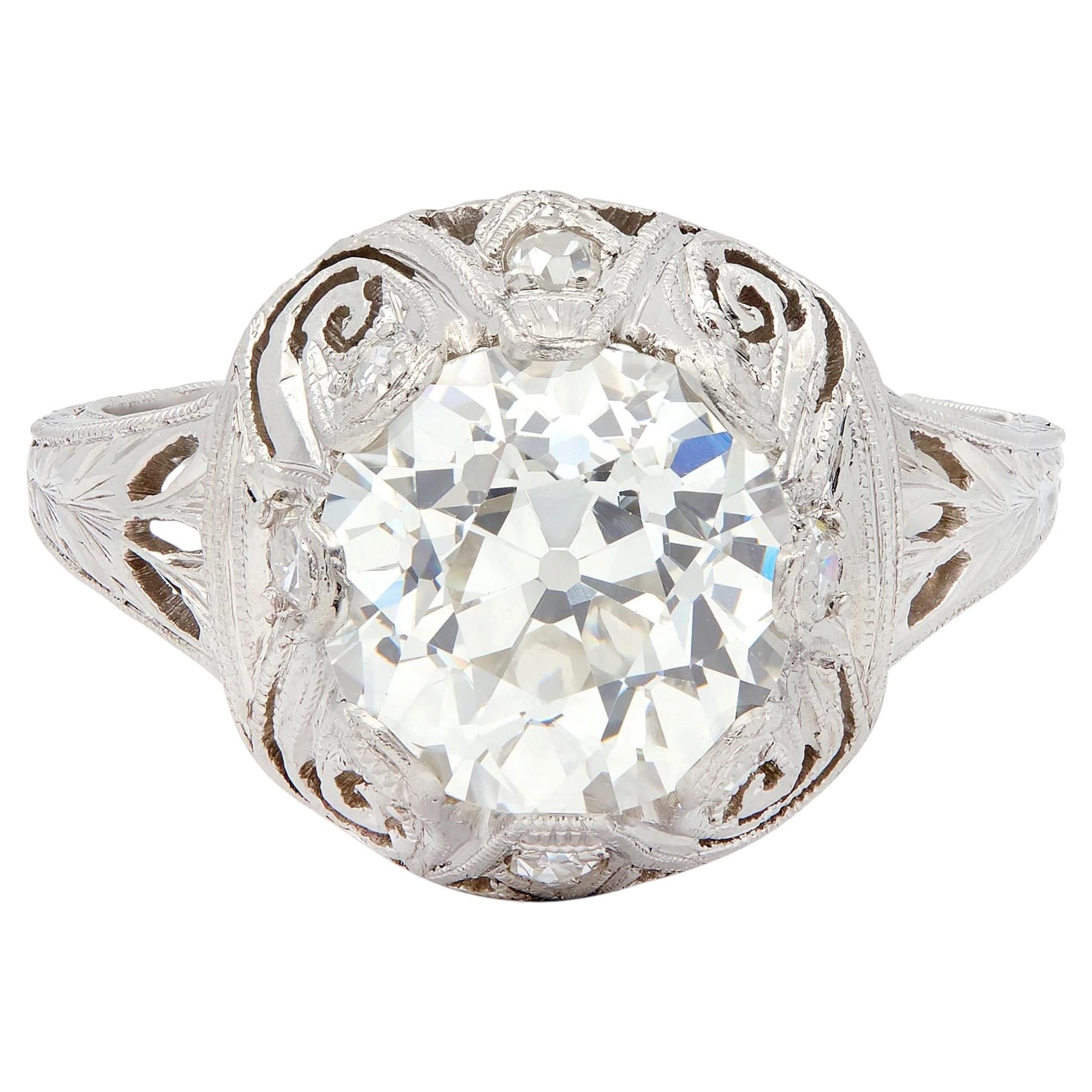 Edwardian 2.70 CTW Diamond Platinum Antique Scroll Engagement Ring GIA For Sale