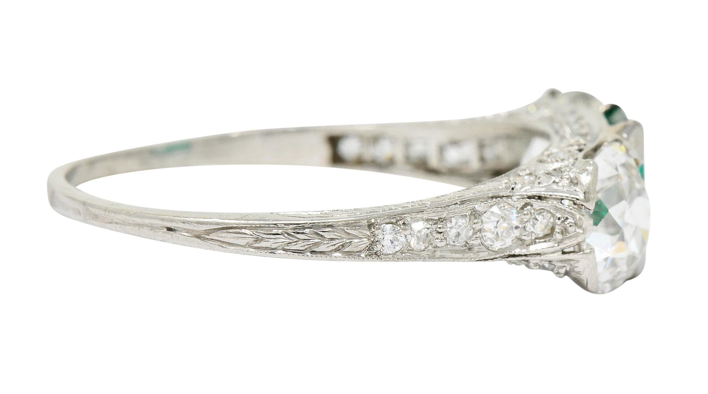 Old European Cut Edwardian 2.71 Carat Emerald Diamond Platinum Three-Stone Ring, circa 1915