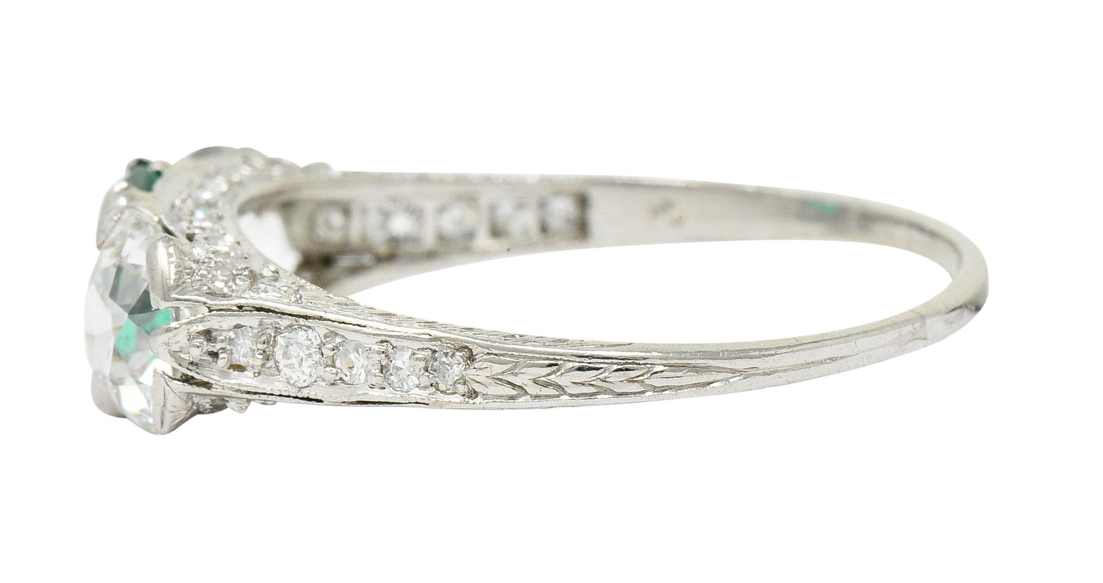 Women's or Men's Edwardian 2.71 Carat Emerald Diamond Platinum Three-Stone Ring, circa 1915