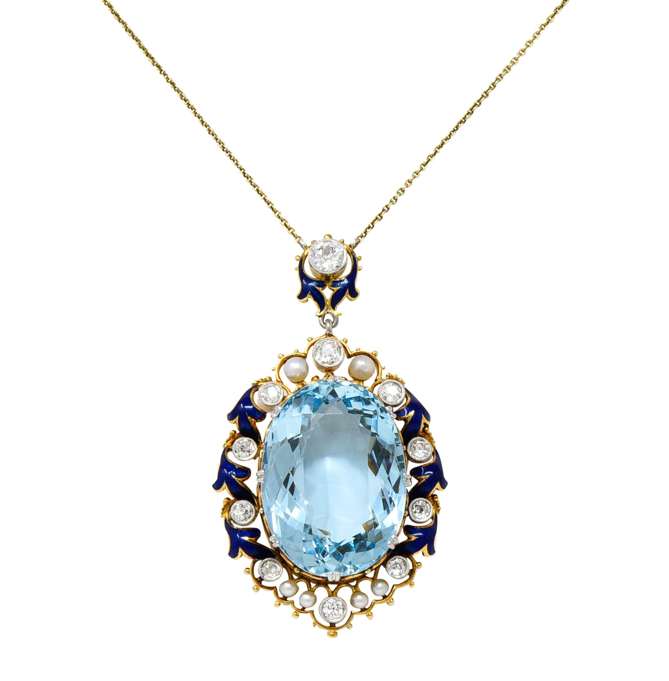 Edwardian 27.46 CTW Old Mine Diamond Aquamarine Pearl Enamel Platinum Necklace For Sale 6